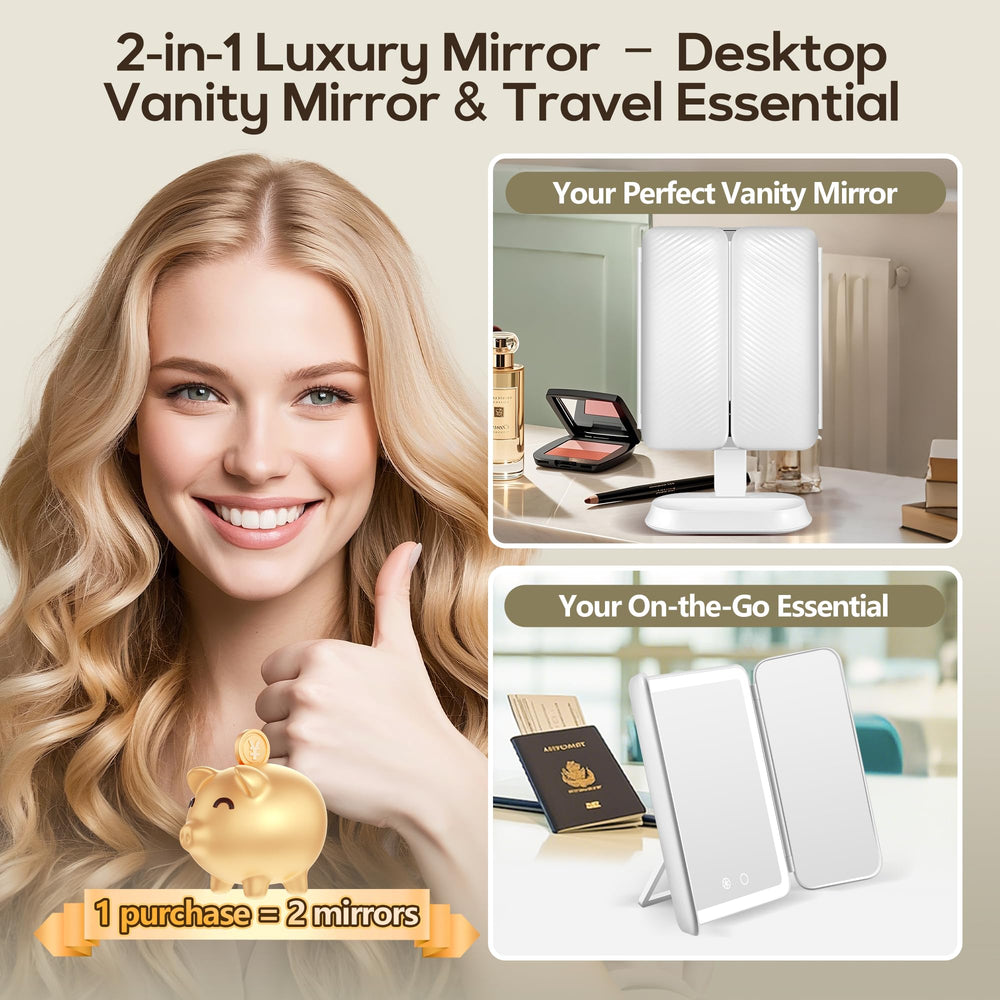 GOMIPURU vanity mirror with lights foldable kickstand highlights desk-to-travel versatility.