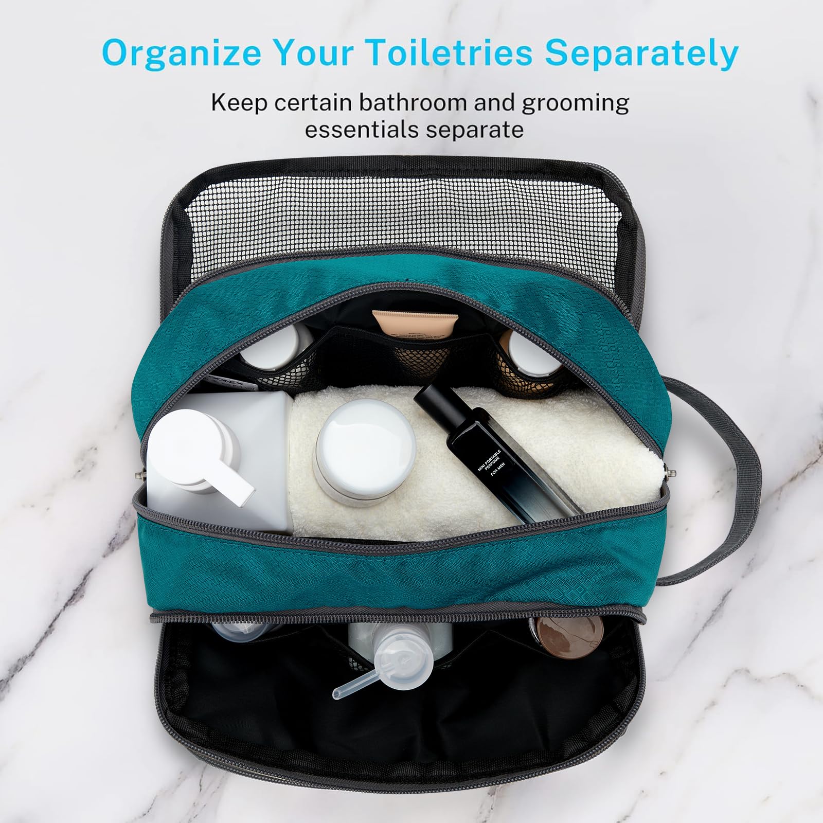 Gonex Peacock Green travel toiletry bag open reveals a roomy main compartment.