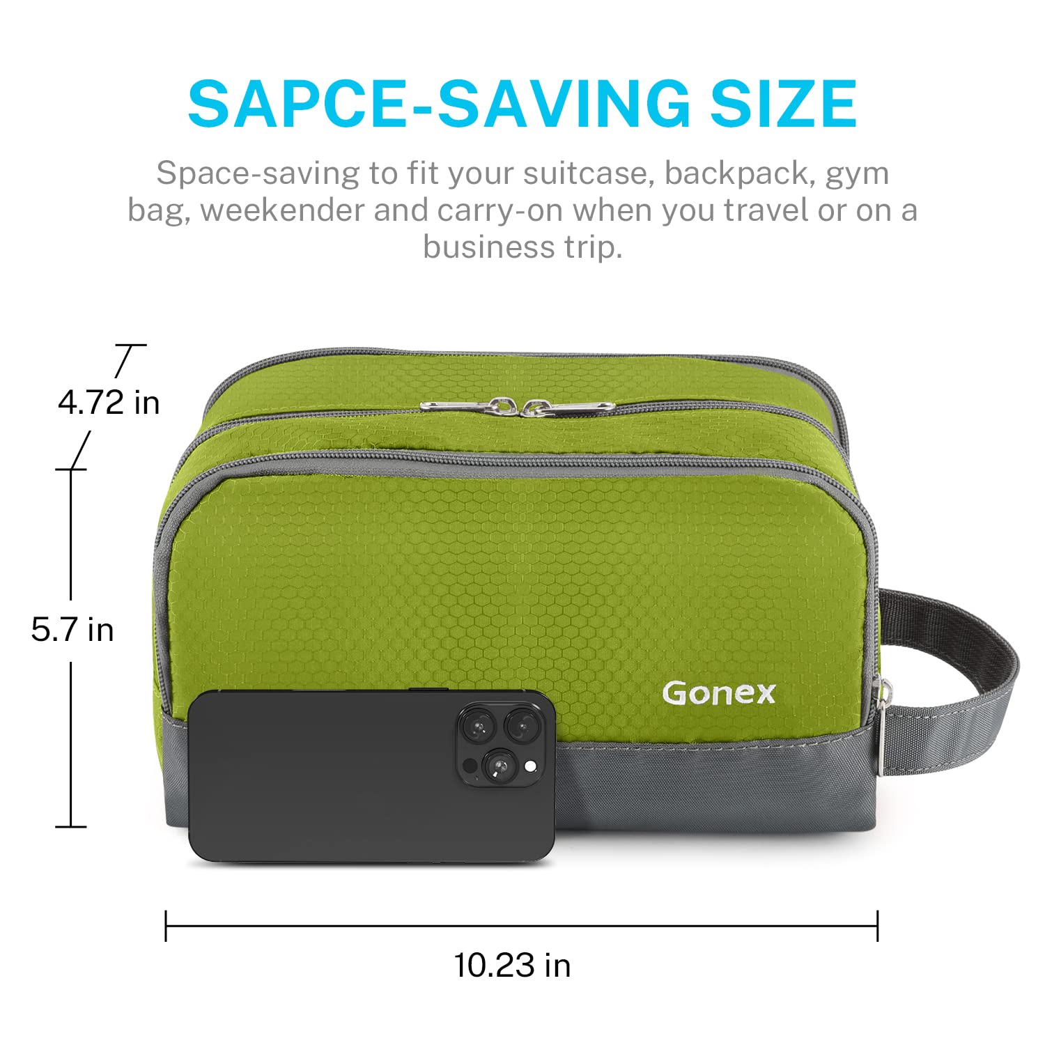 Gonex travel toiletry bag green front pocket is ideal for quick-access essentials.