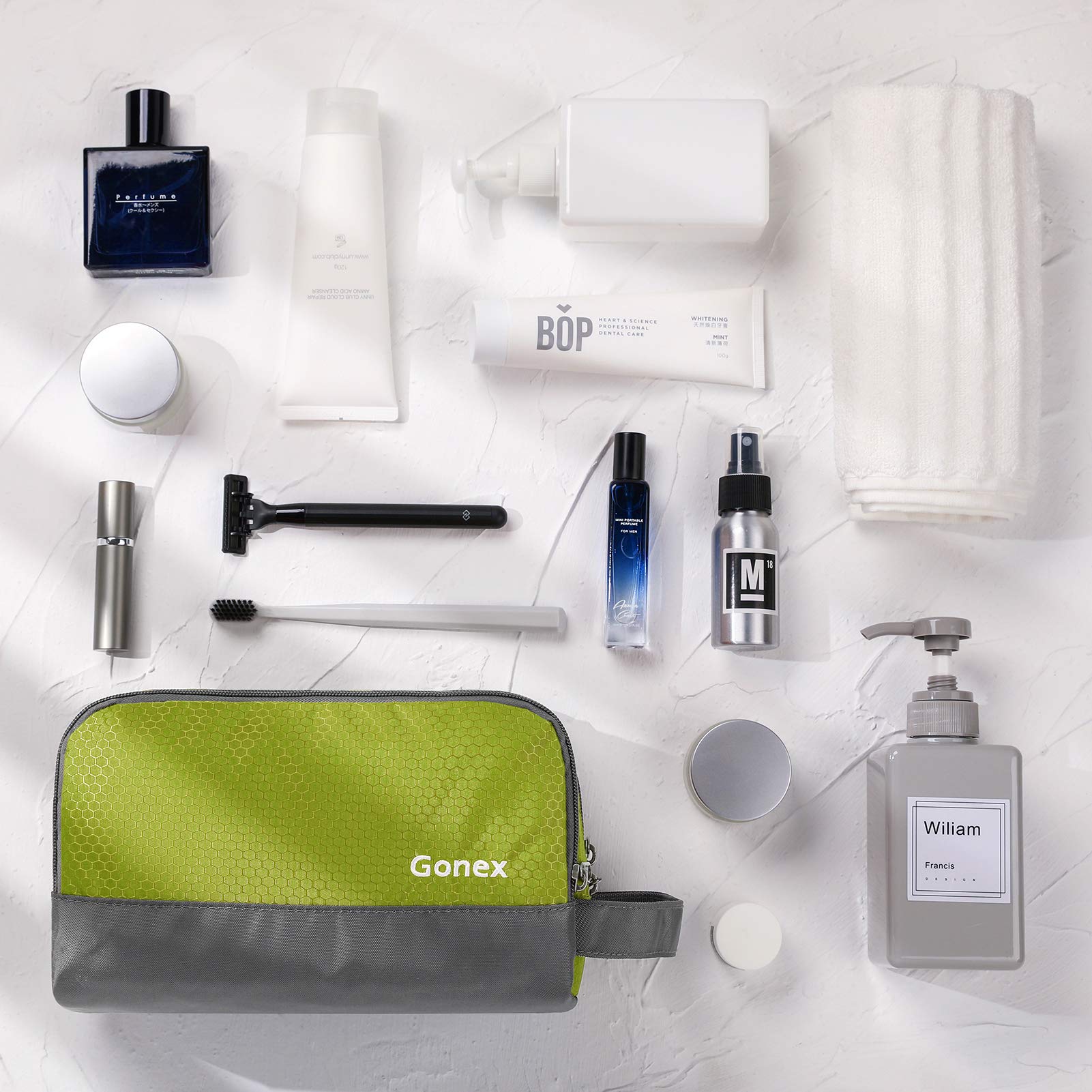 Gonex travel toiletry bag green in-pack demonstrates compact travel solution.