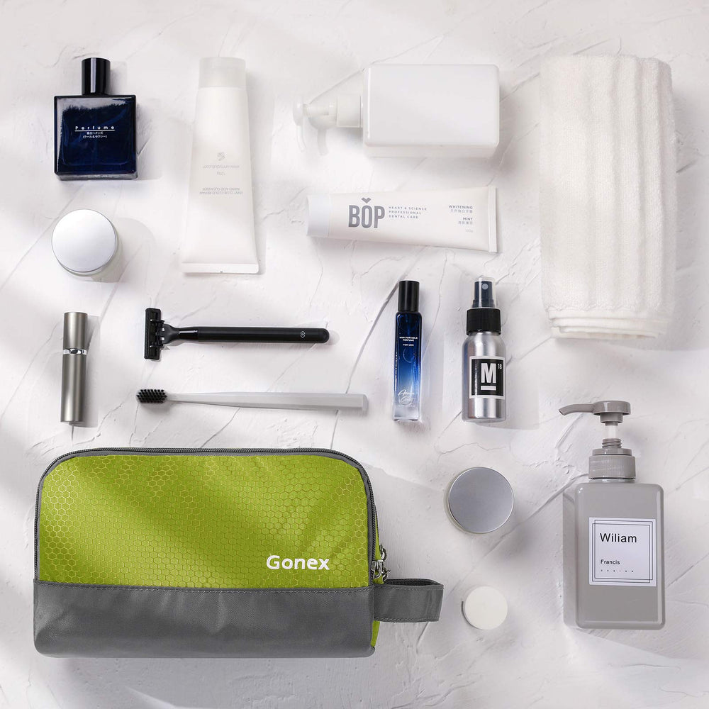 Gonex travel toiletry bag green in-pack demonstrates compact travel solution.