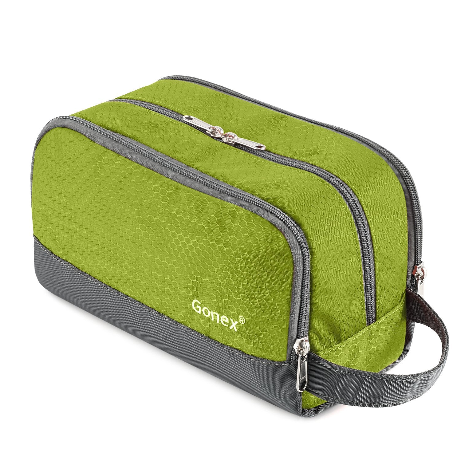 Gonex travel toiletry bag green main compartment stores shampoo and lotion securely.