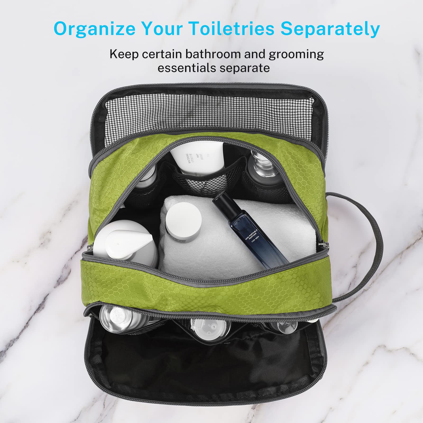 Gonex travel toiletry bag green mesh pouch reveals breathable organization for small items.