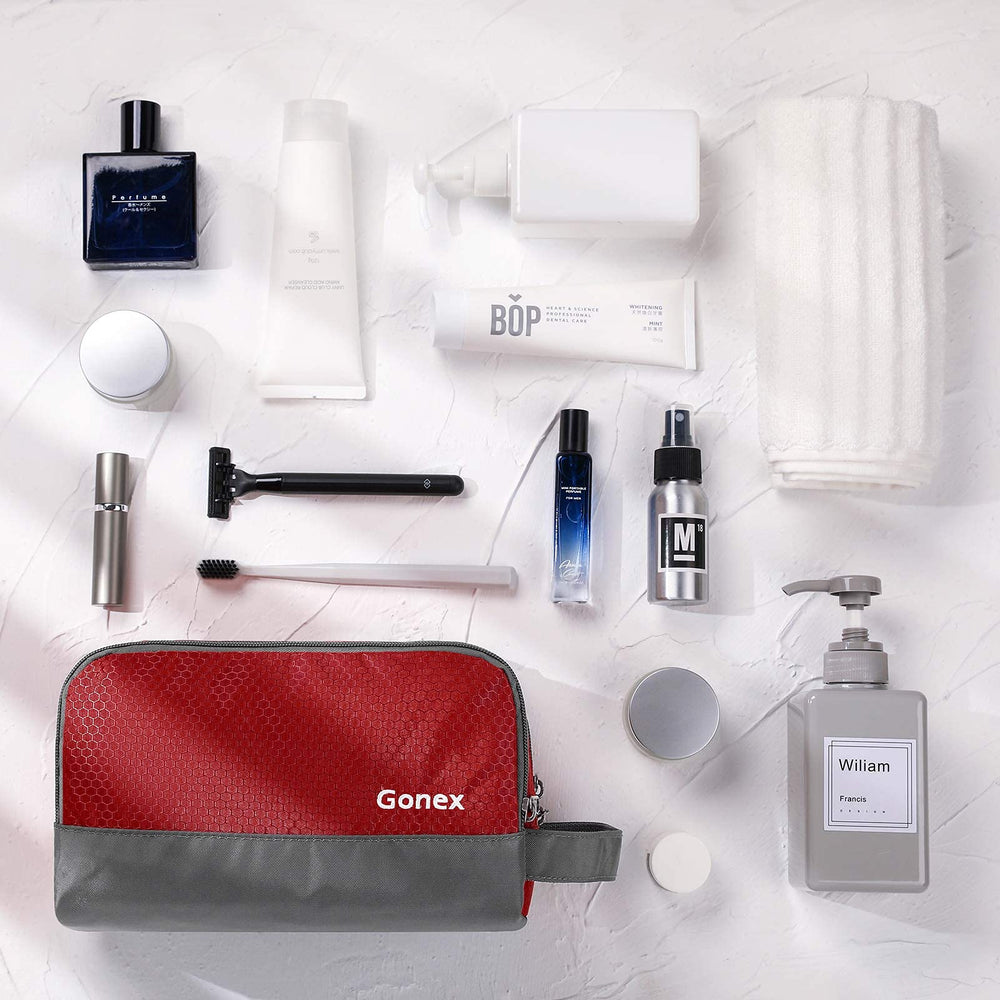 Gonex travel toiletry bag nylon red packed size fits carry-on.