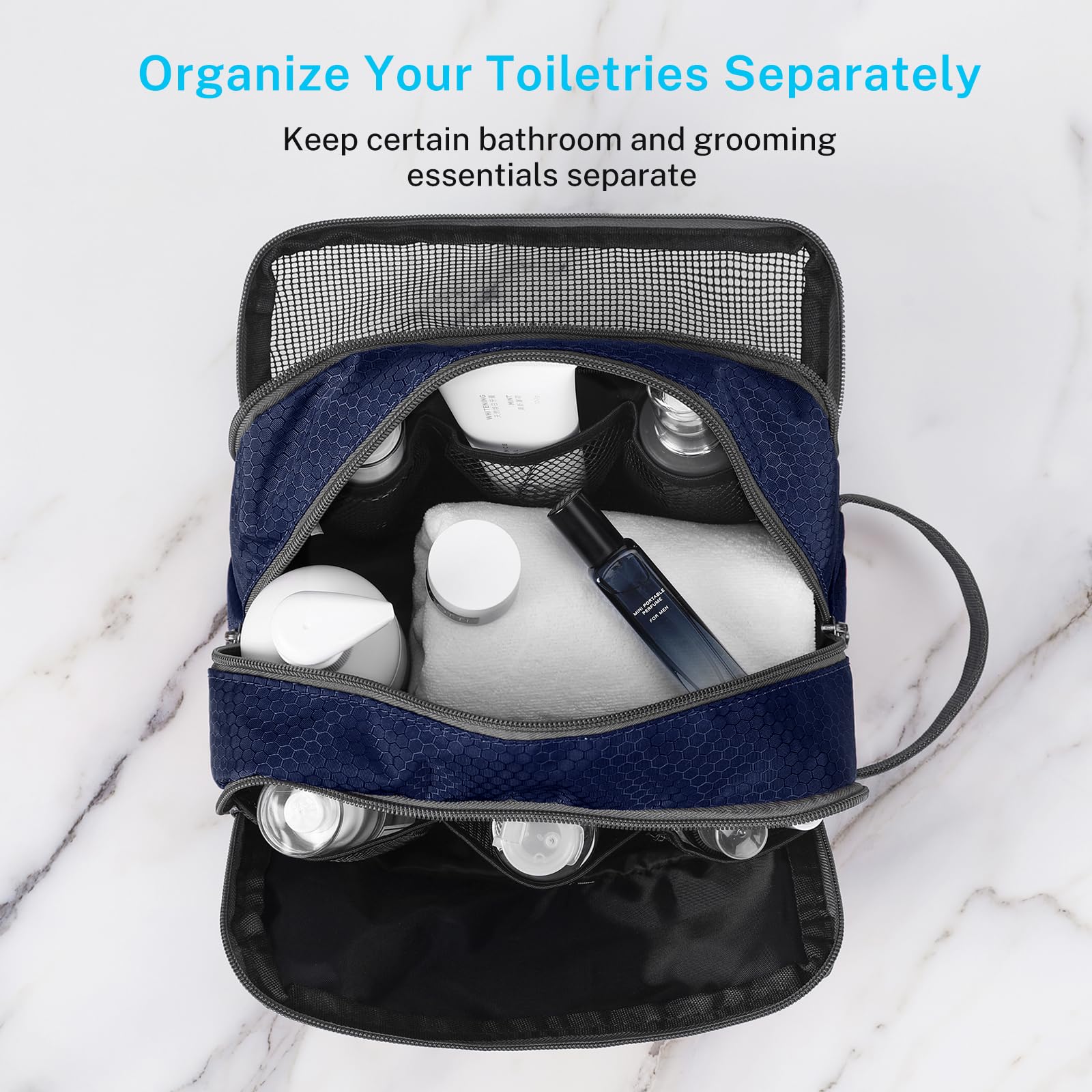 Gonex travel toiletry bag SBS zippers ensure secure closure during travel.