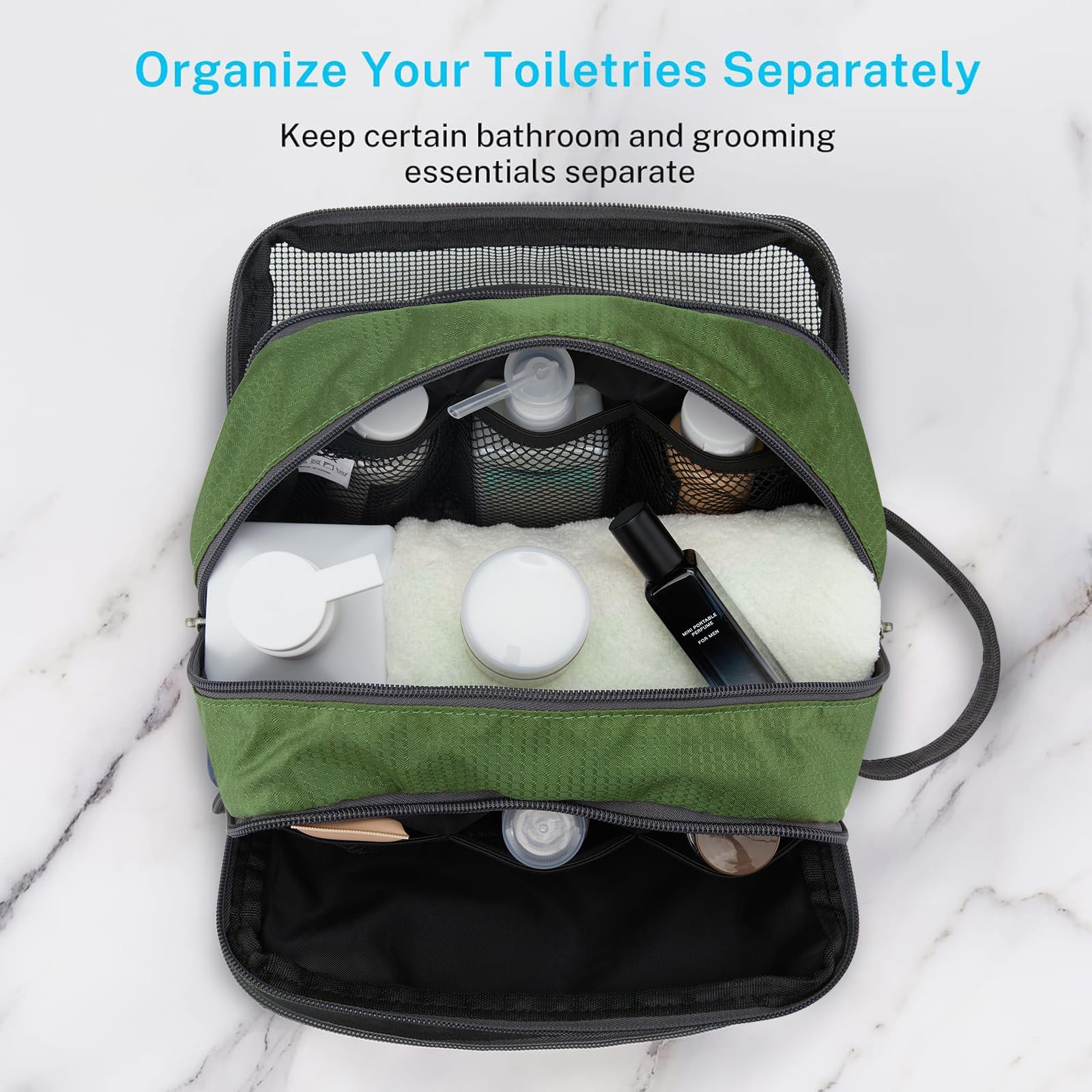 Gonex Travel Toiletry Bag olive green open main compartment reveals roomy space for bottles