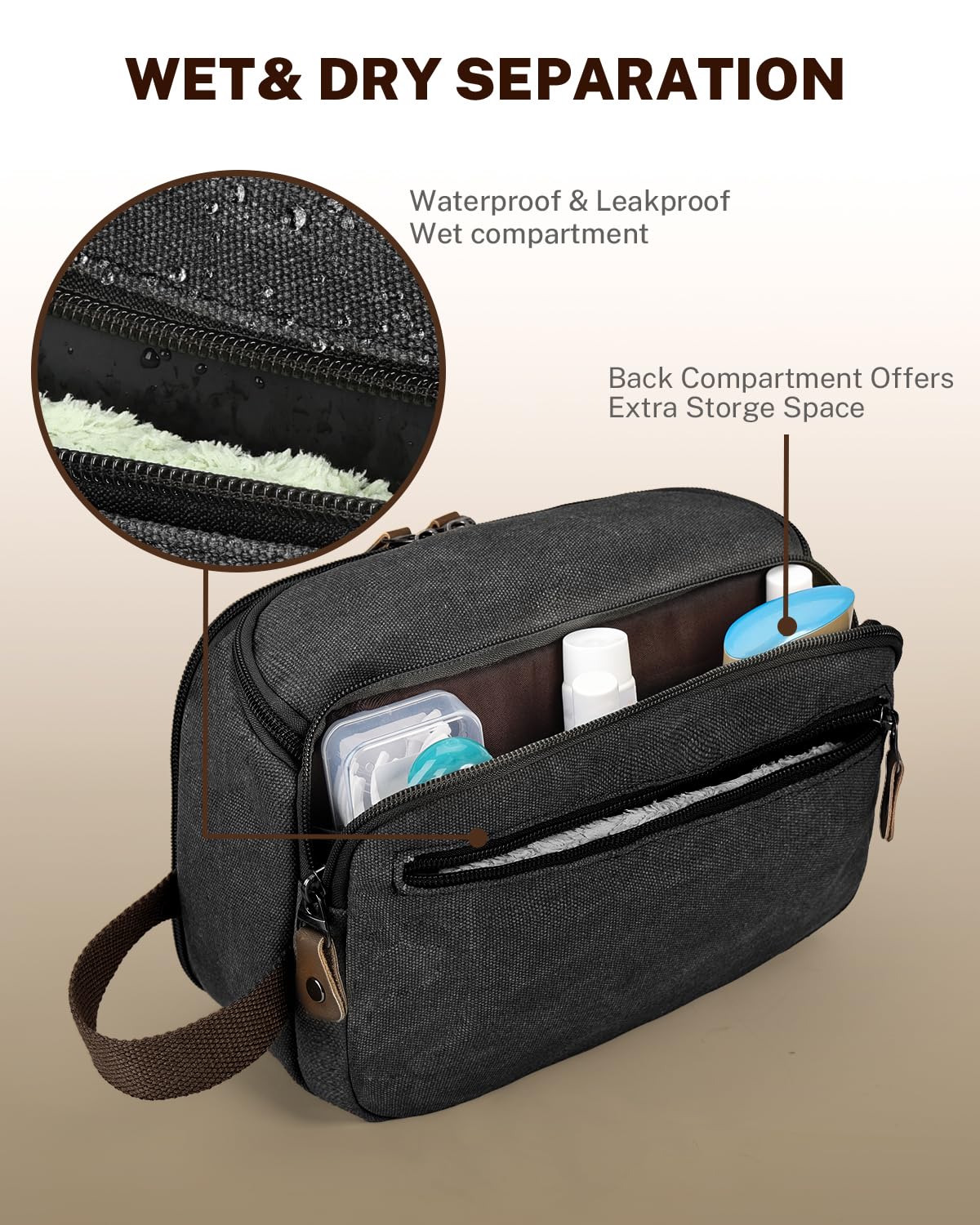 Gonex wet-dry compartment separates damp items after showers during trips.