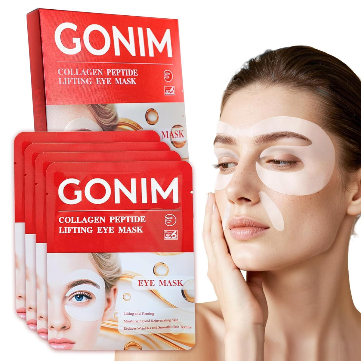 GONIM Under Eye Patches 360° Fit packaging shown as travel-friendly four-pair box