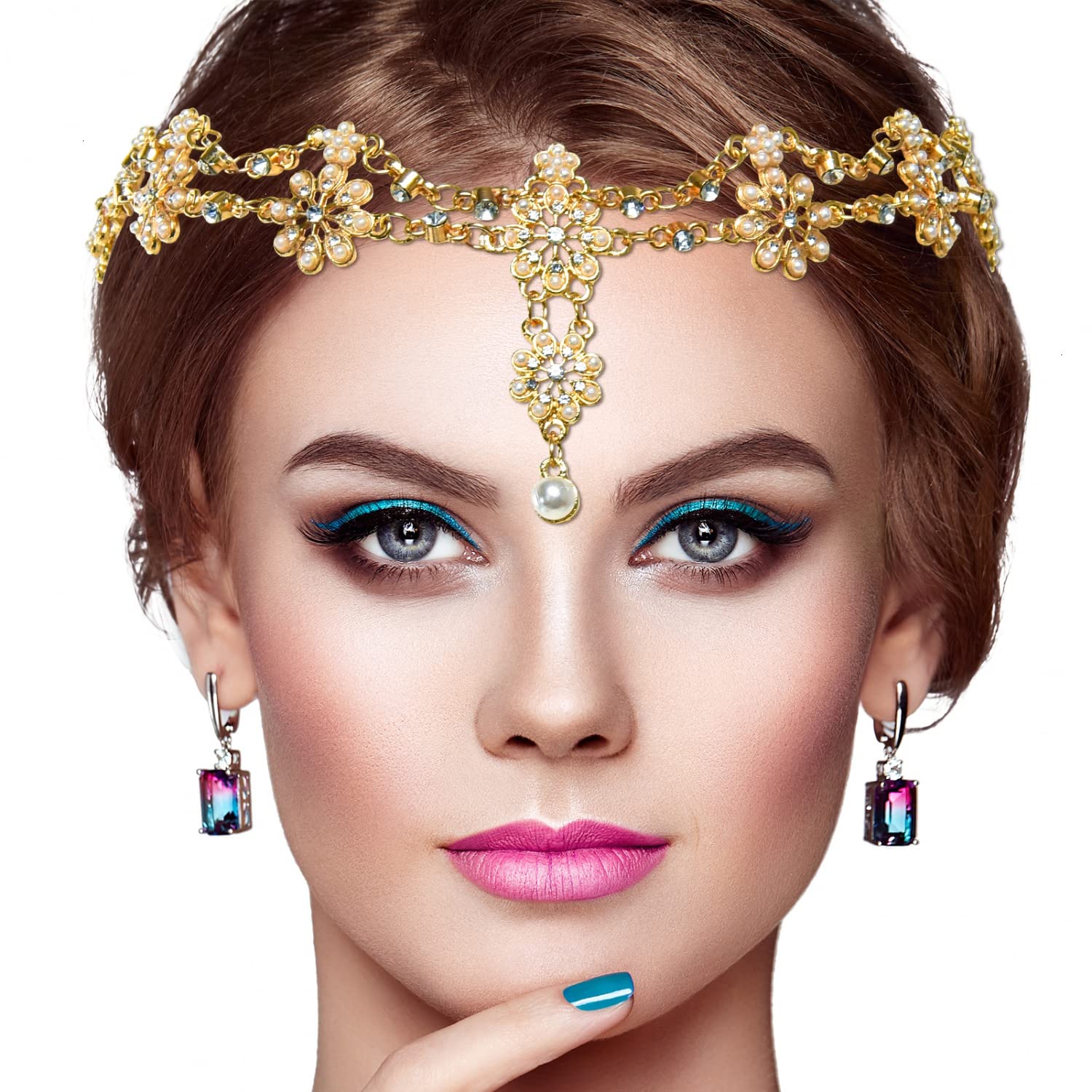 Gonioa head chain crystal detail highlights shimmering stones for formal looks.