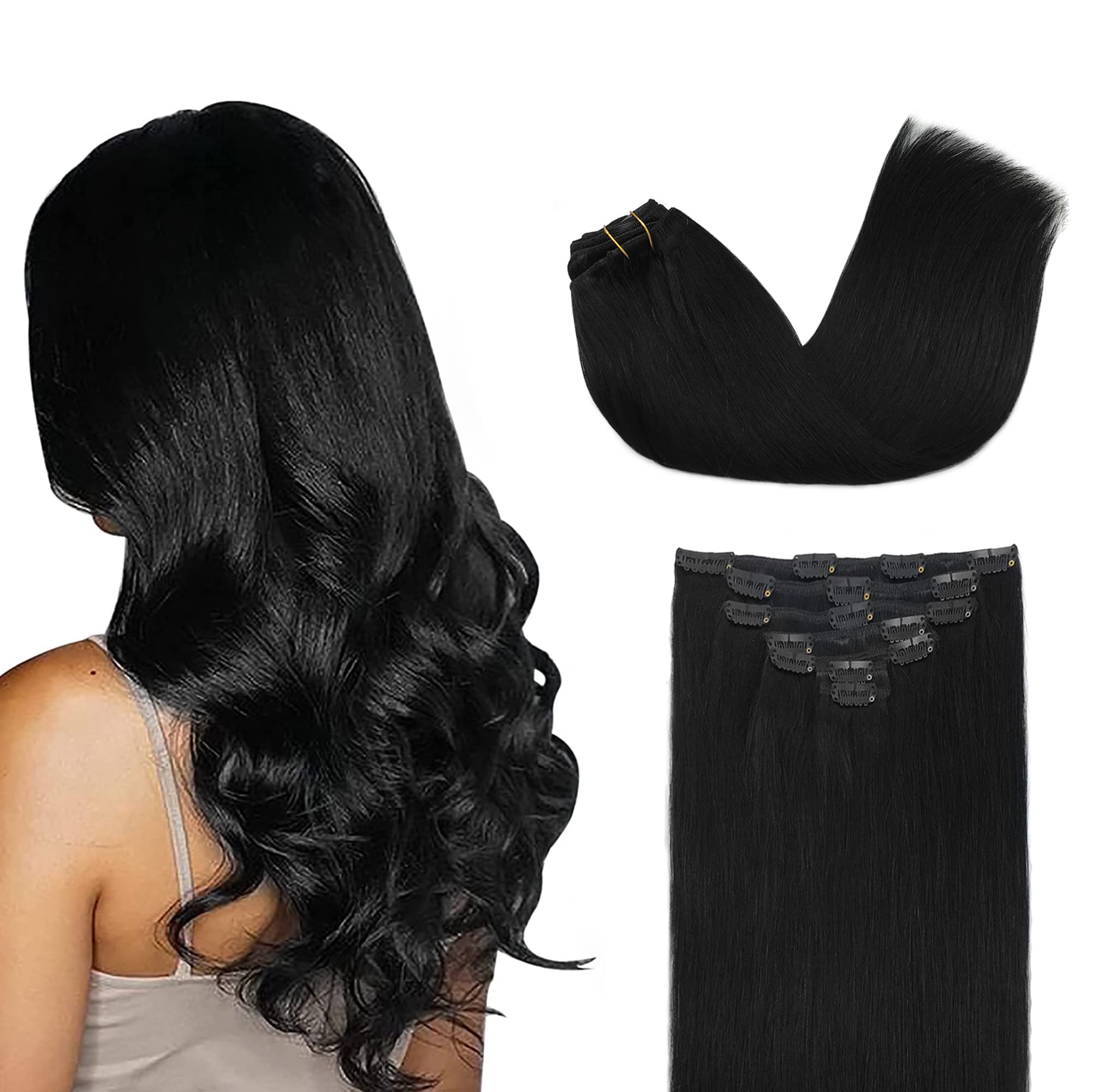 GOO GOO jet black clip-in extensions on model for instant length