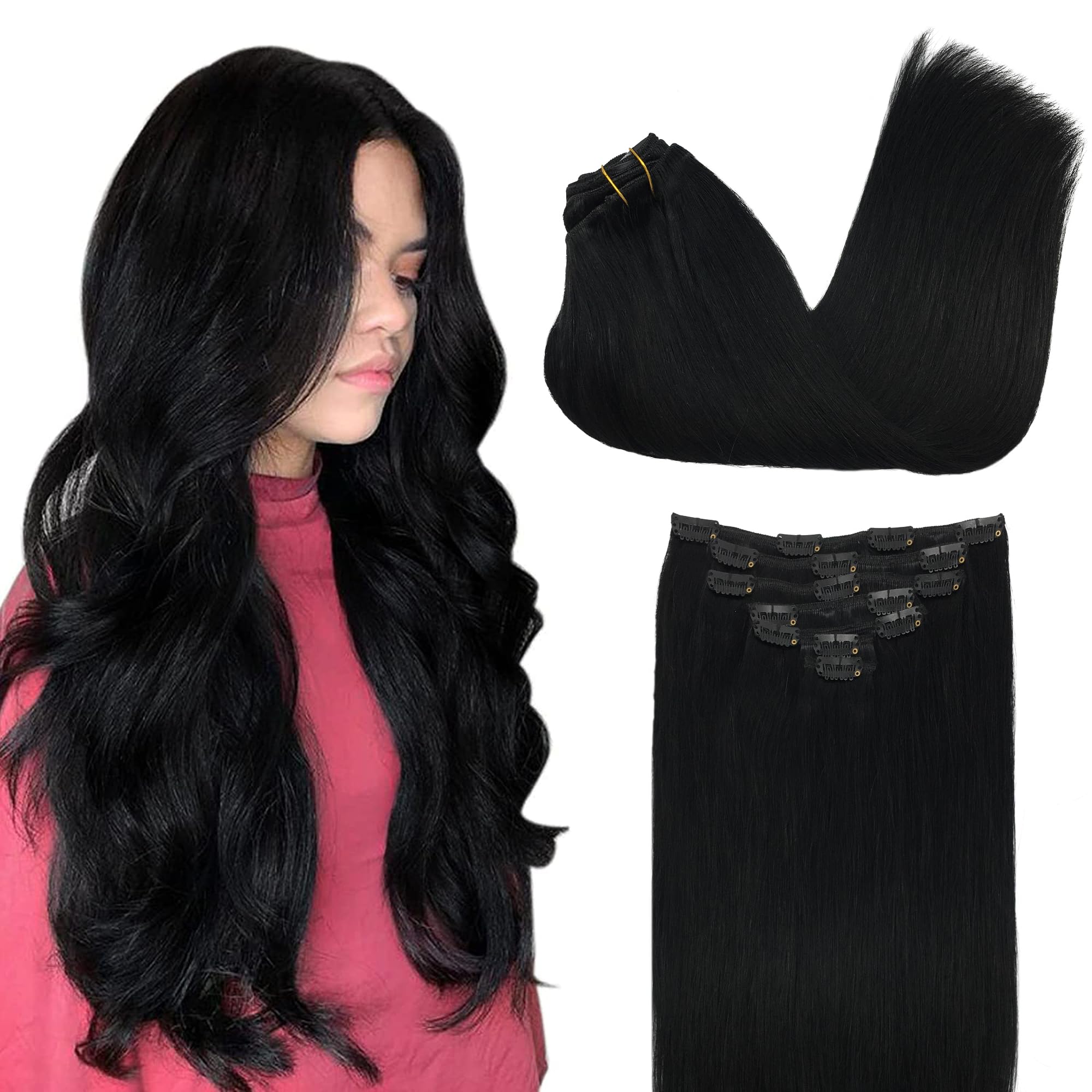 GOO GOO clip-in extensions in jet black for a seamless 24-inch look