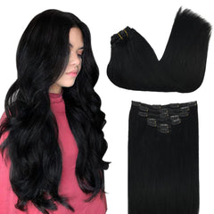 GOO GOO clip-in extensions in jet black for a seamless 24-inch look