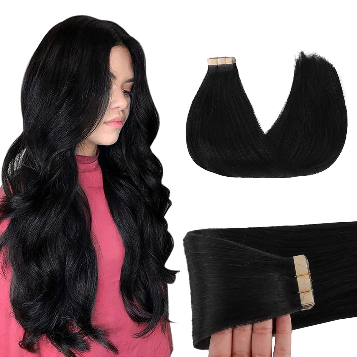 GOO GOO tape-in extensions in jet black for instant length and natural-looking blend