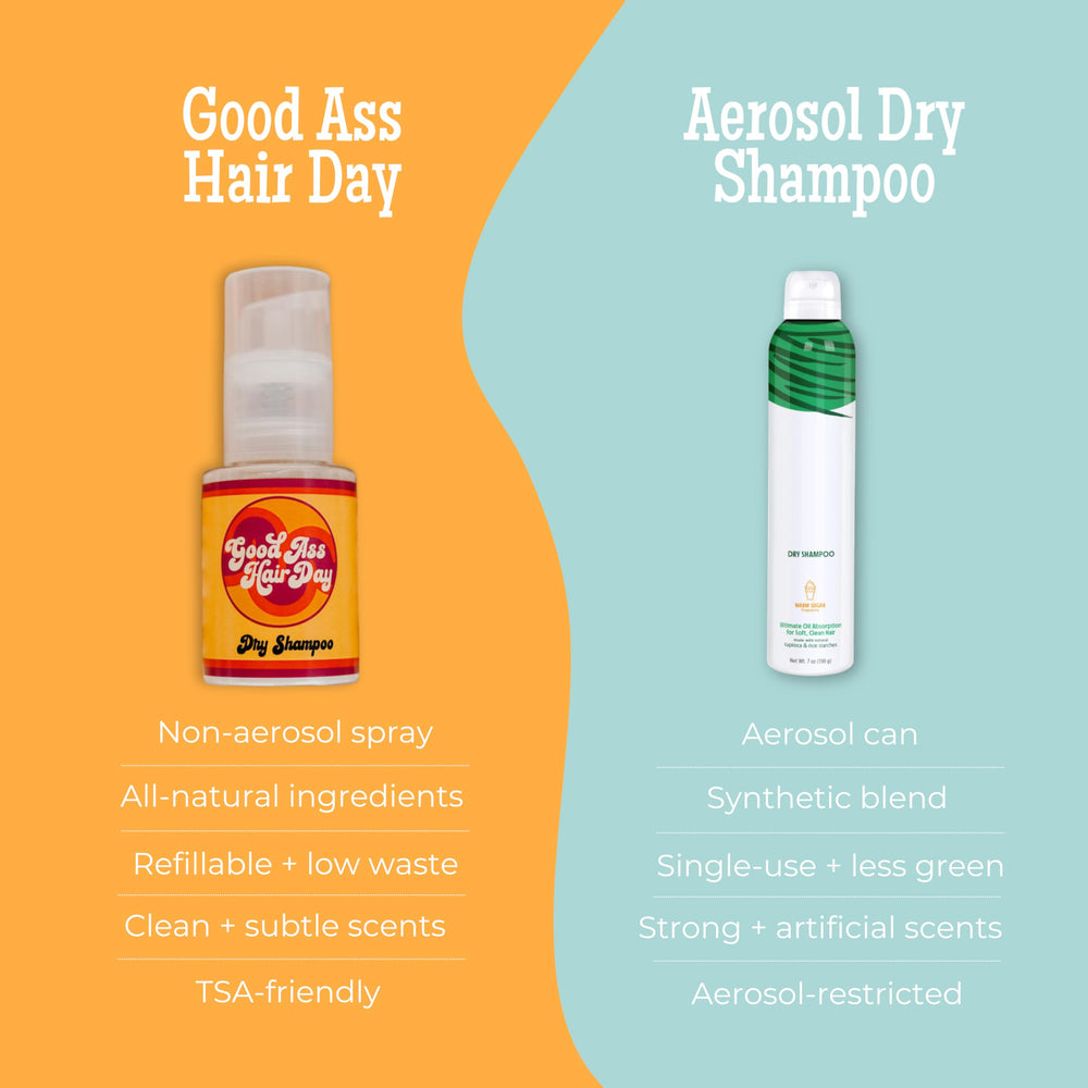 Good Ass Hair Day dry shampoo powder ingredients label shows talc-free formula.