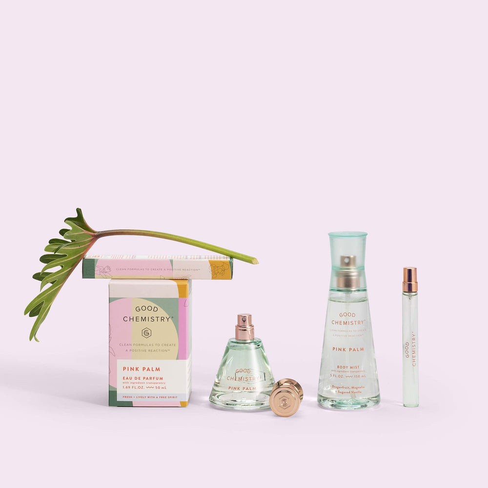 Good Chemistry Pink Palm travel spray zen-tone image conveys clean vegan fragrance