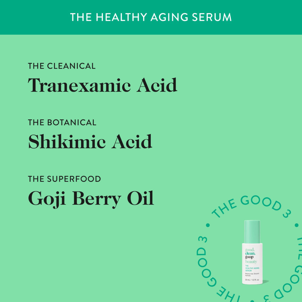Good Clean Goop Healthy Aging Serum application on face shows smooth, even coverage.