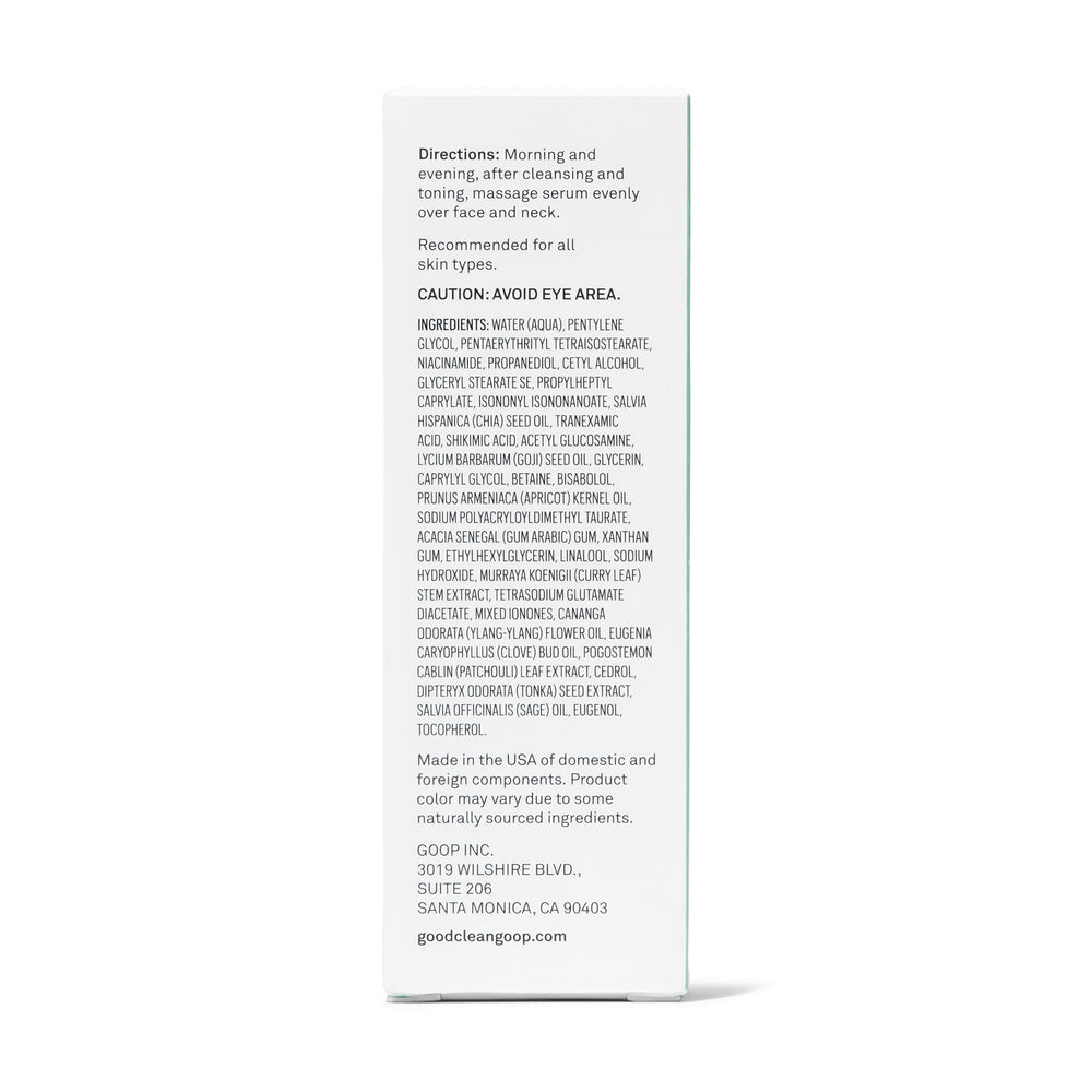 Good Clean Goop Healthy Aging Serum ingredients-packaging communicates vegan cruelty-free skincare.