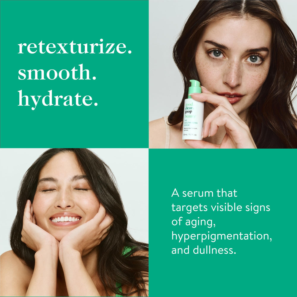 Good Clean Goop Healthy Aging Serum texture closeup reveals silky, lightweight serum for quick absorption.