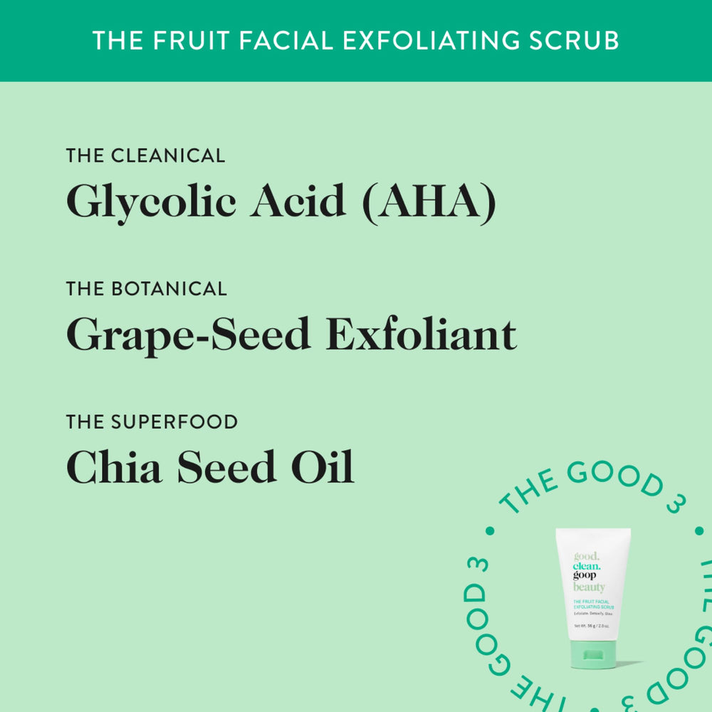 good.clean.goop Fruit Scrub chia-seed oil closeup emphasizes barrier support and hydration