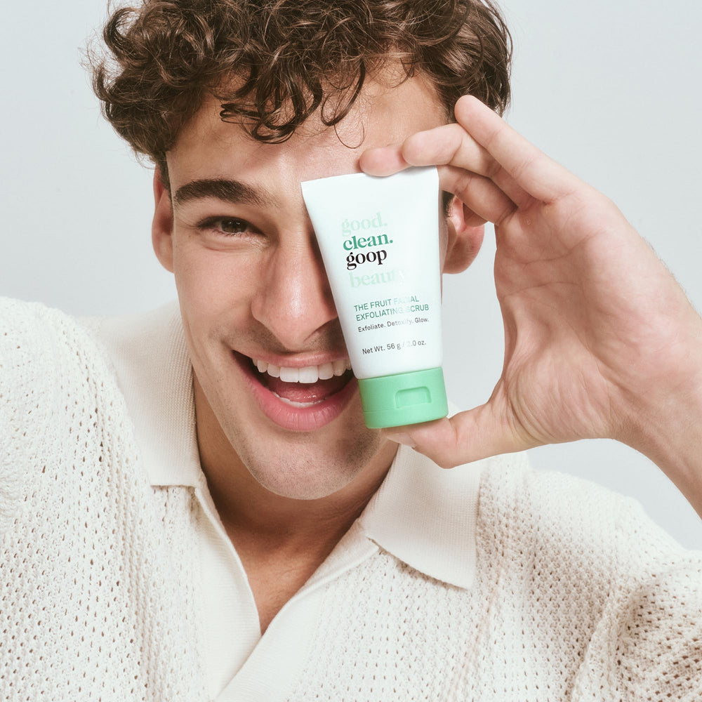 good.clean.goop Fruit Scrub wet-skin image shows gentle cleansing with visible glow