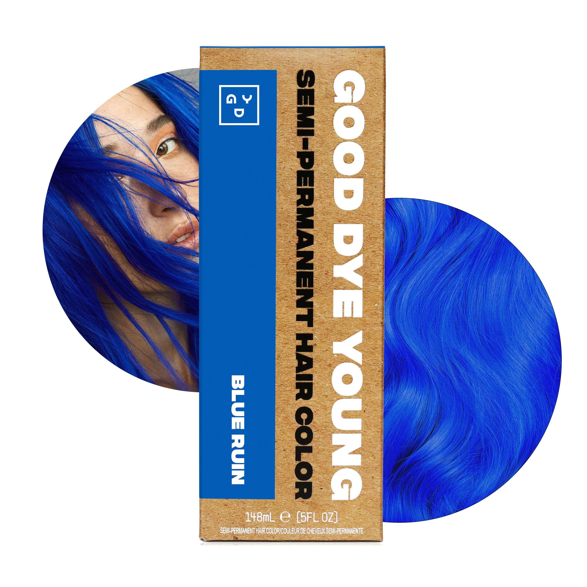 Good Dye Young Blue Ruin bottle shows vibrant conditioning color for hair