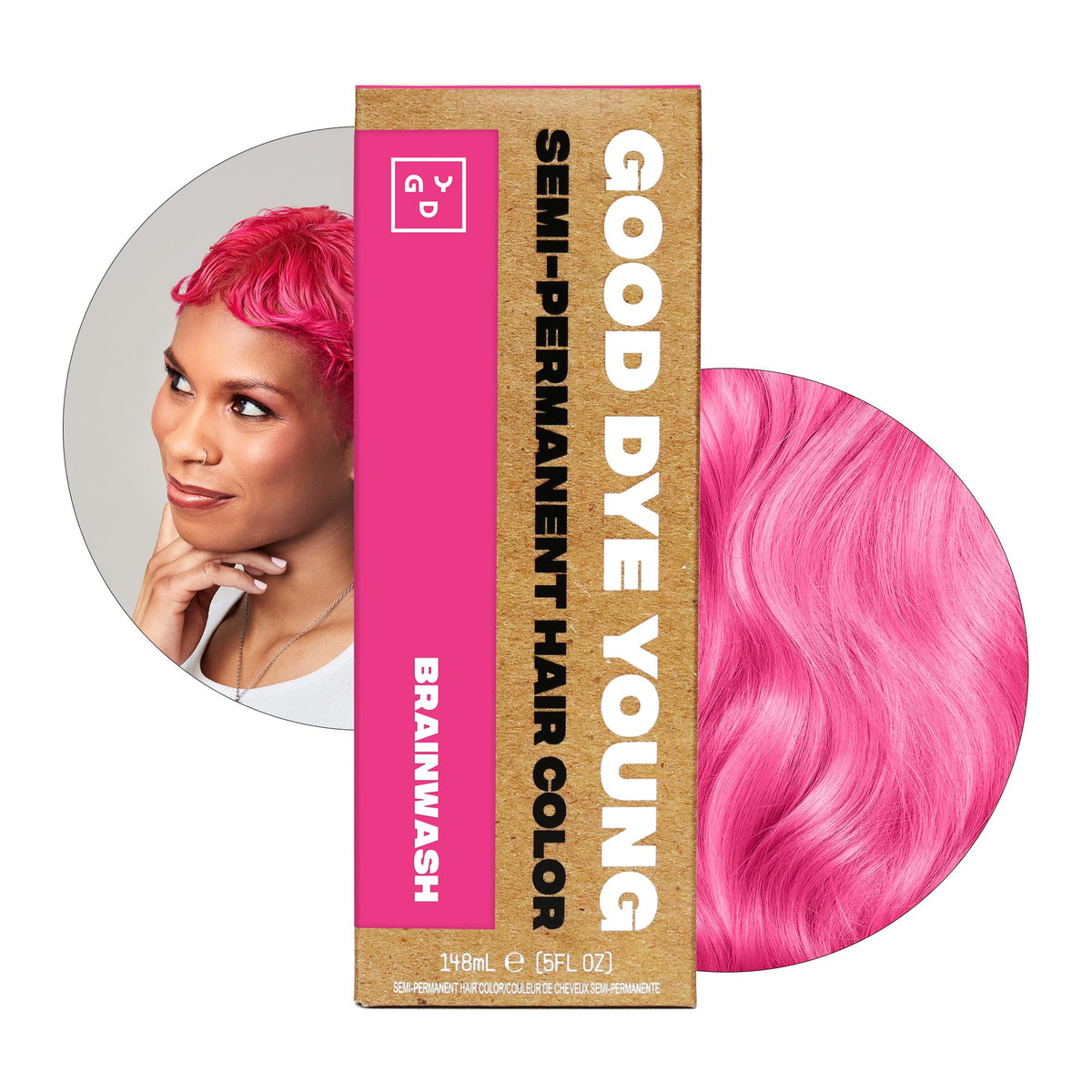 Good Dye Young Brainwash bottle closeup showing vibrant color and nourishing, non-damaging formula.
