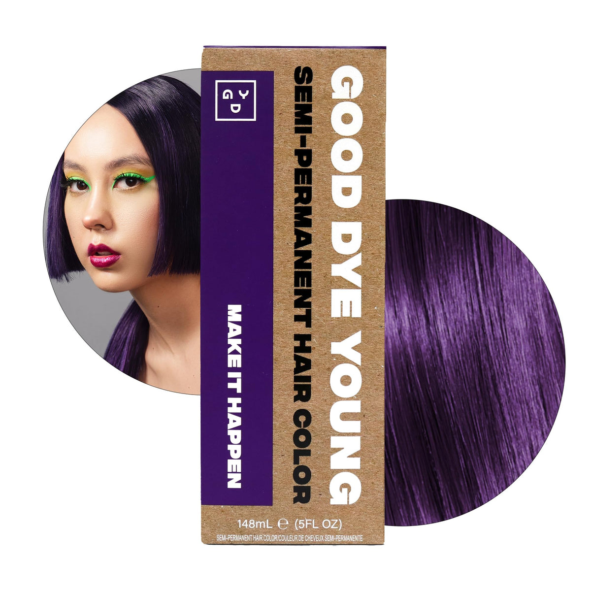 Good Dye Young eggplant purple dye bottle close-up for vibrant conditioning color.