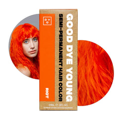 Good Dye Young Riot bottle front highlights neon orange pigment for bold festival-ready color.