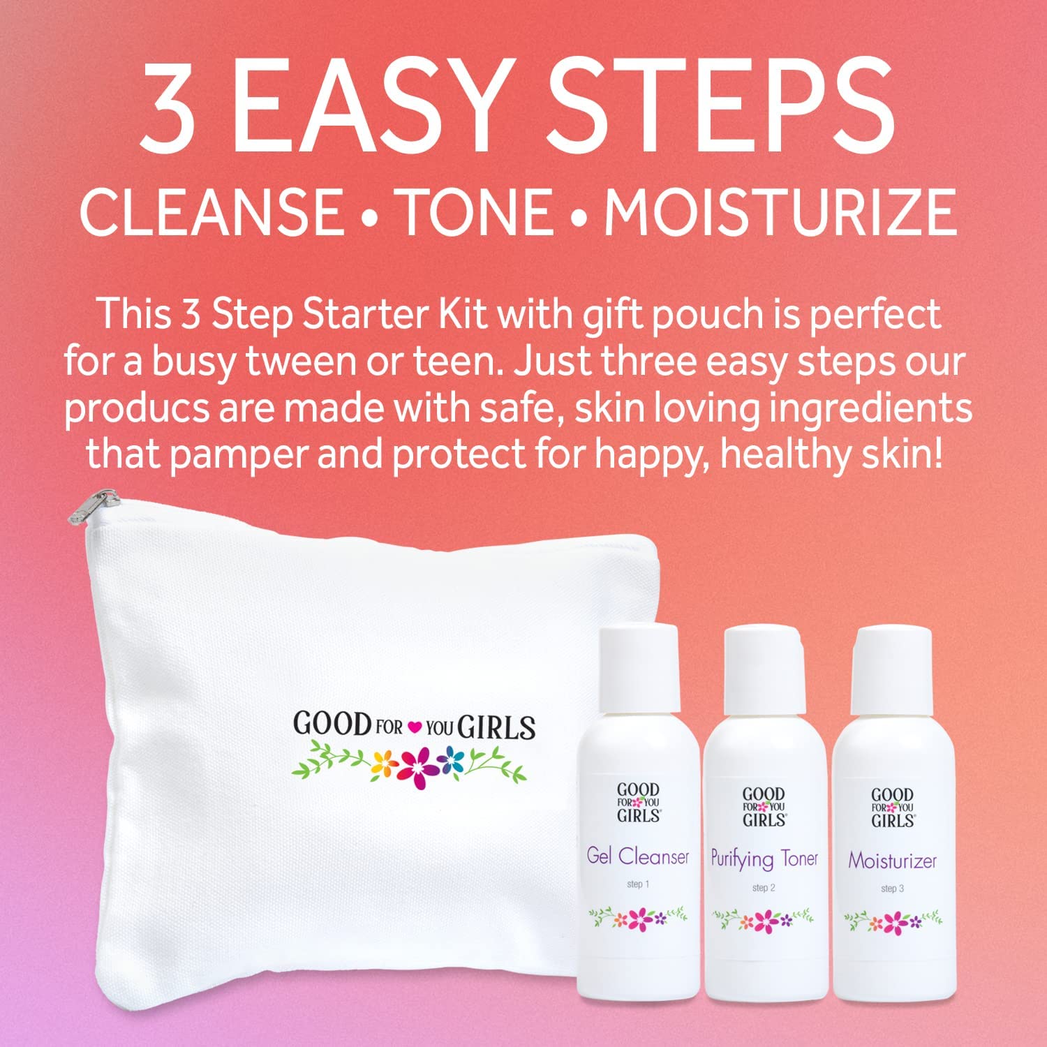 Good For You Girls kit packaging display shows easy three-step routine.
