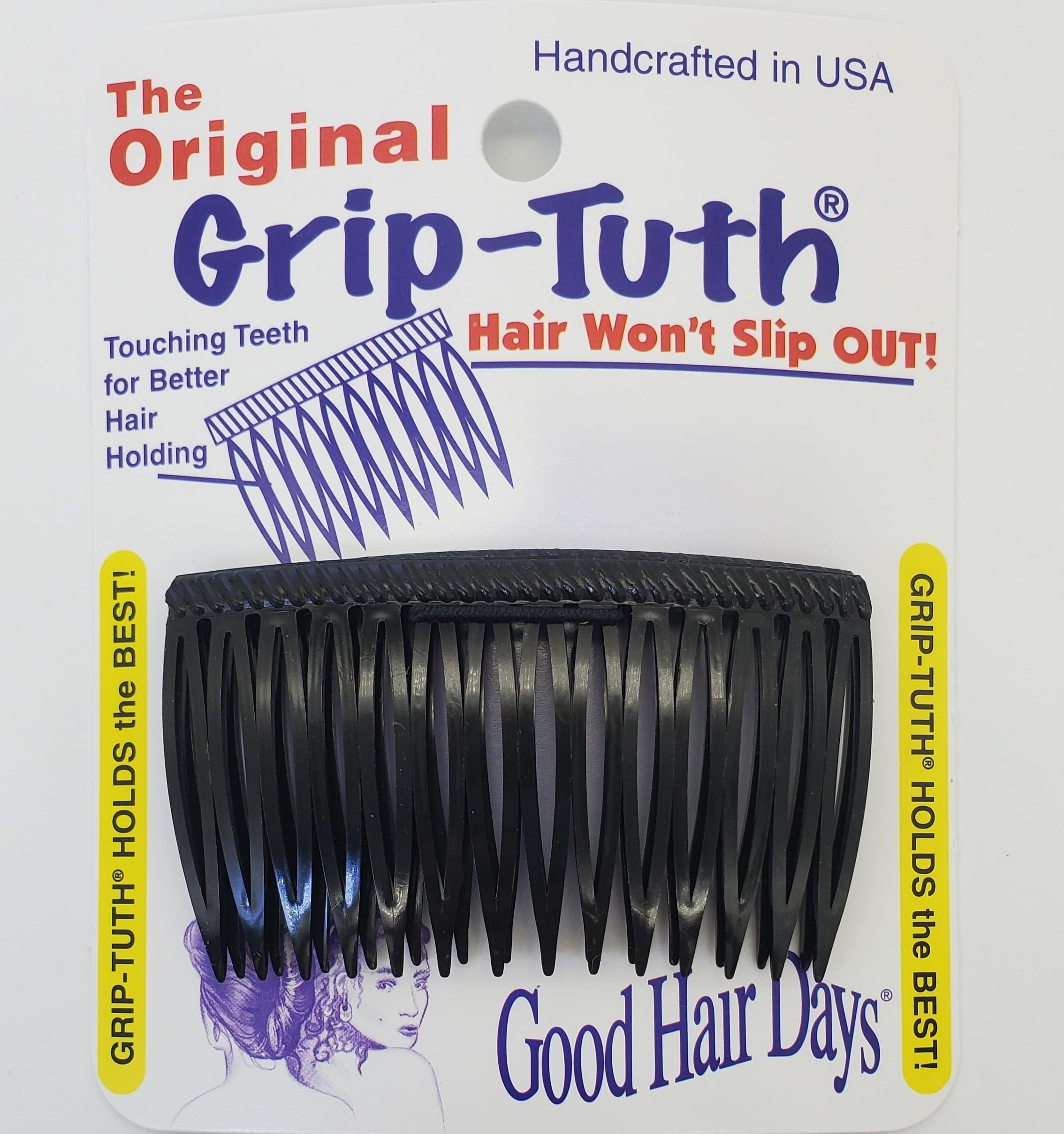 Good Hair Days Grip-Tuth Combs product shot shows strong hold for all hair types.
