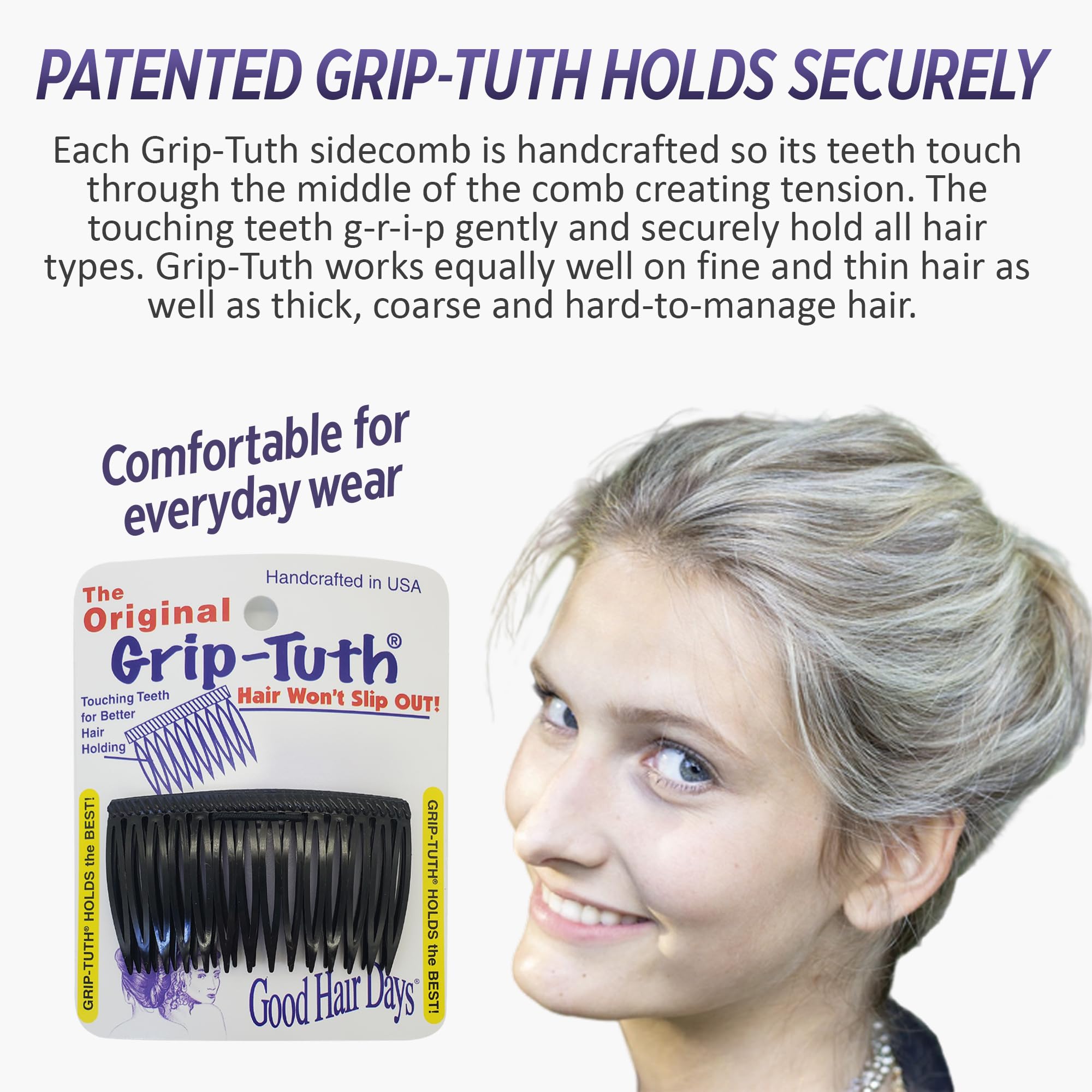 Good Hair Days Grip-Tuth Combs side view in black for versatile styling.