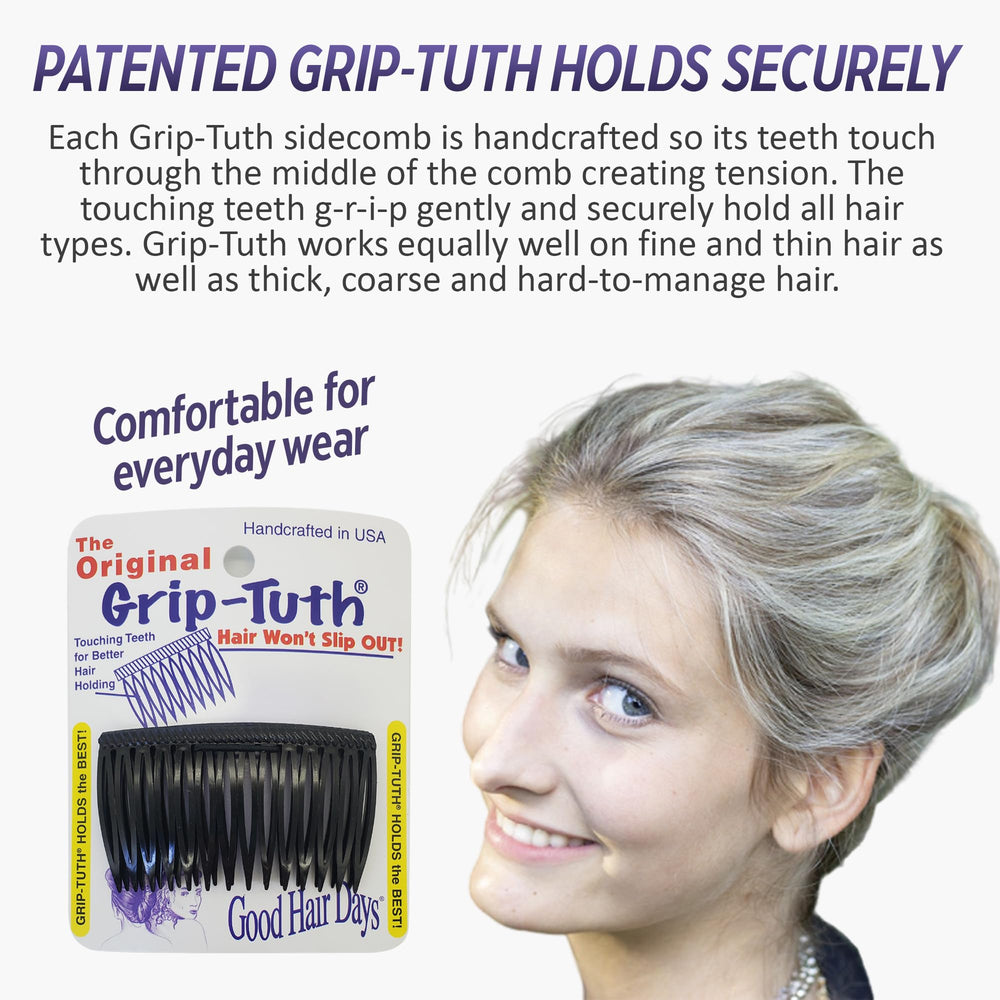 Good Hair Days Grip-Tuth Combs side view in black for versatile styling.