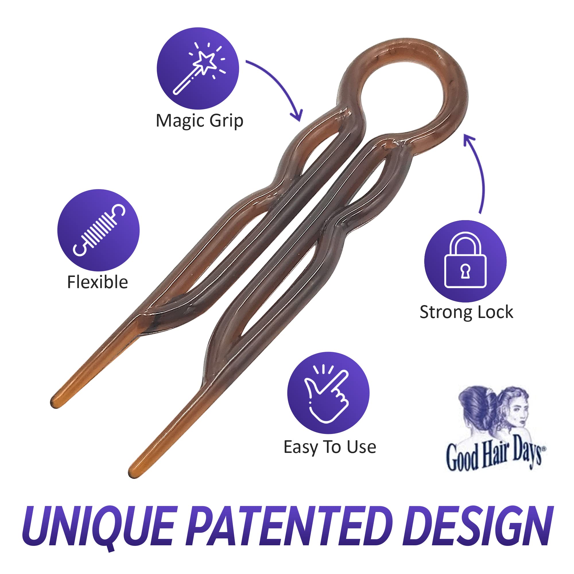 Good Hair Days hair pins in hand illustrate versatile, long-hair friendly grip