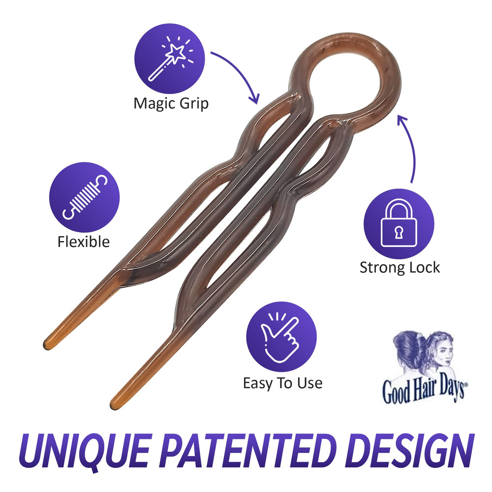 Good Hair Days hair pins in hand illustrate versatile, long-hair friendly grip