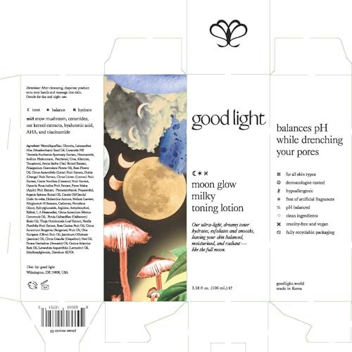 Good Light Moon Glow Milky Toner ceramides artwork indicates moisture lock and comfort.