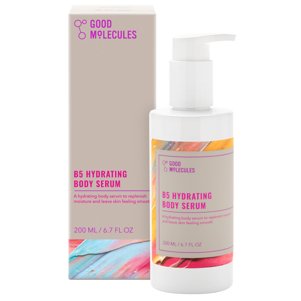 Good Molecules B5 Hydrating Body Serum bottle shows silky gel texture for quick absorption.