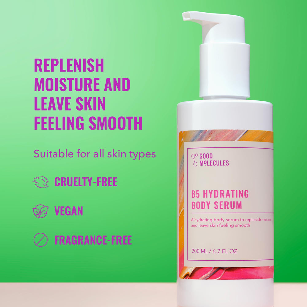 Good Molecules B5 Hydrating Body Serum pump top demonstrates easy, mess-free application.