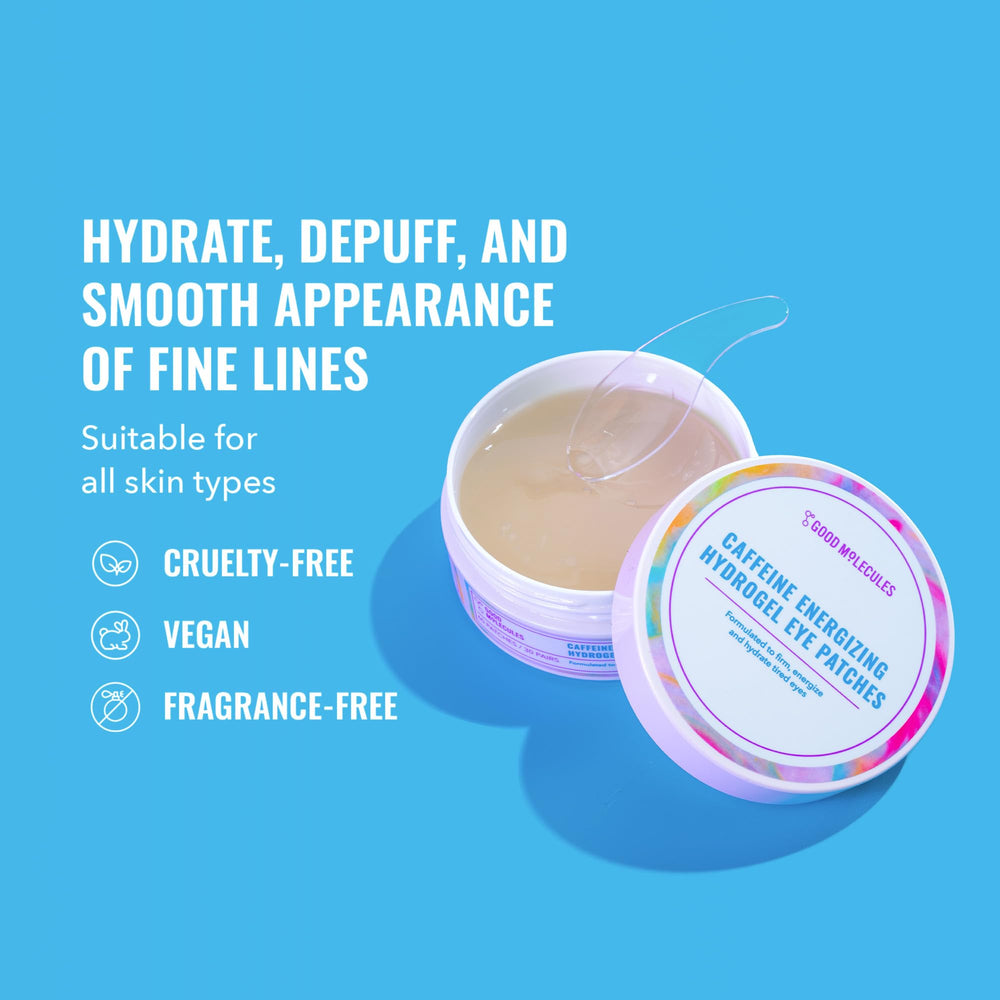 Good Molecules caffeine energizing hydrogel eye patches being applied on under-eye area for depuffing.