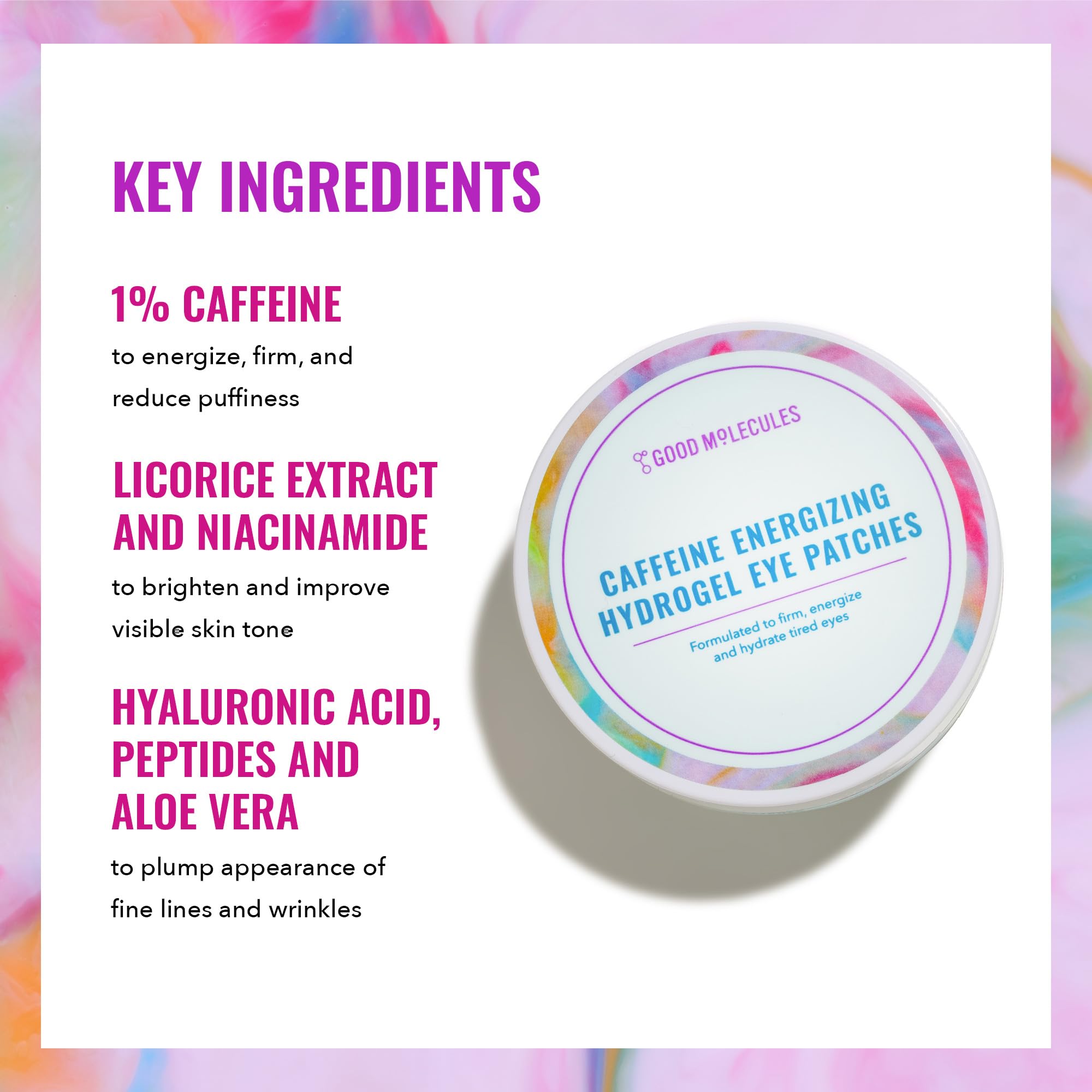 Good Molecules caffeine energizing hydrogel eye patches closeup texture highlighting gel and brightening potential.