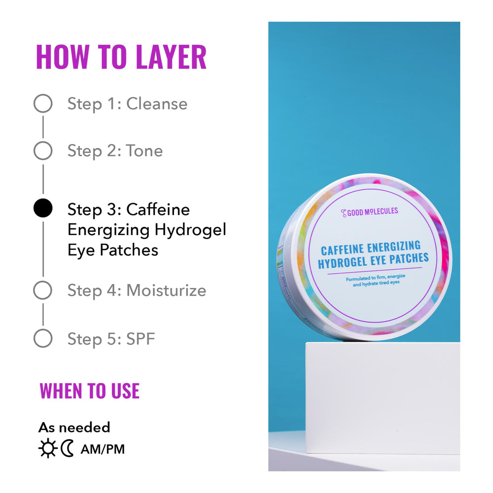 Good Molecules caffeine energizing hydrogel eye patches brightening effect under-eye area after use.
