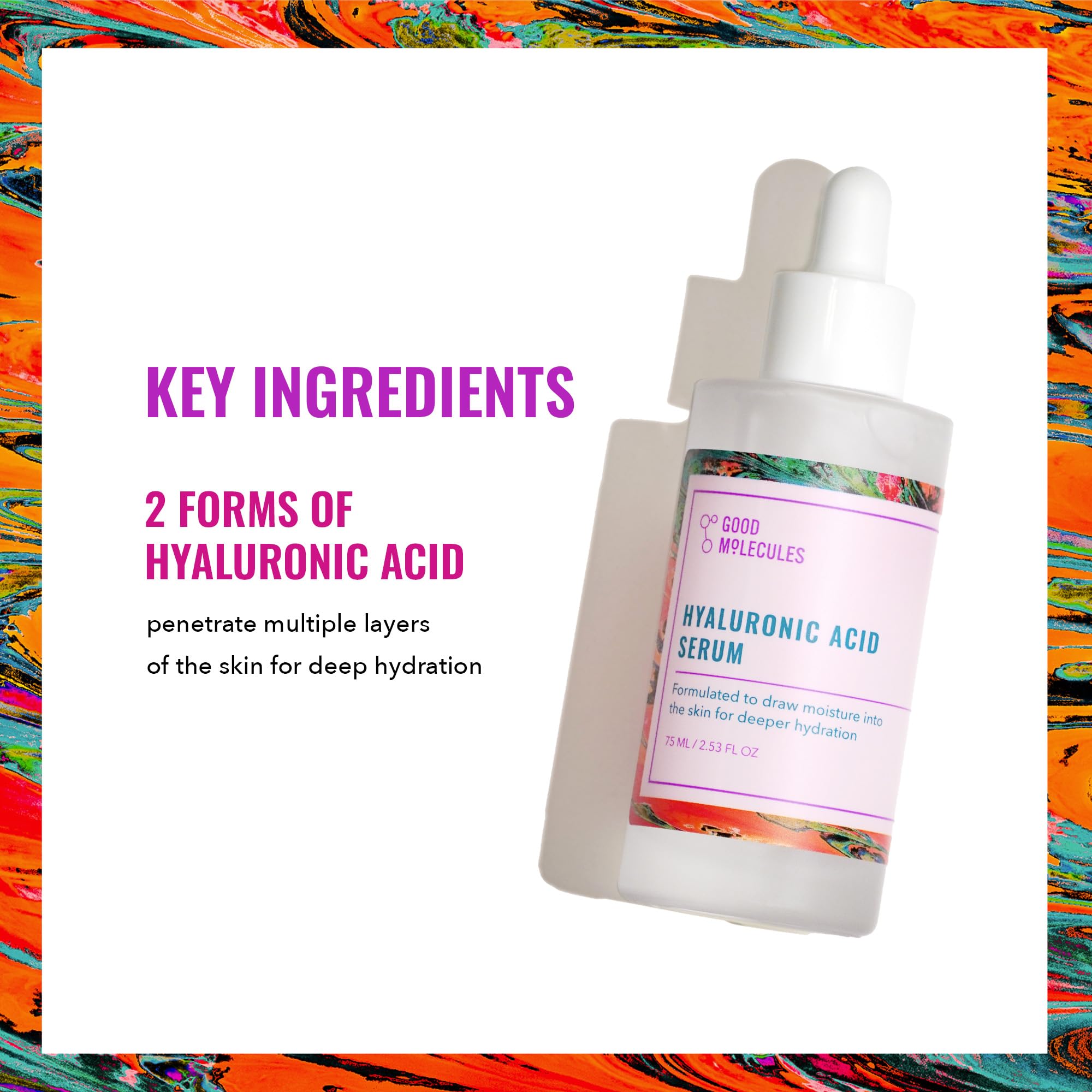 Good Molecules Hyaluronic Acid Serum ingredient label highlights vegan, fragrance-free formula ideal for sensitive skin.