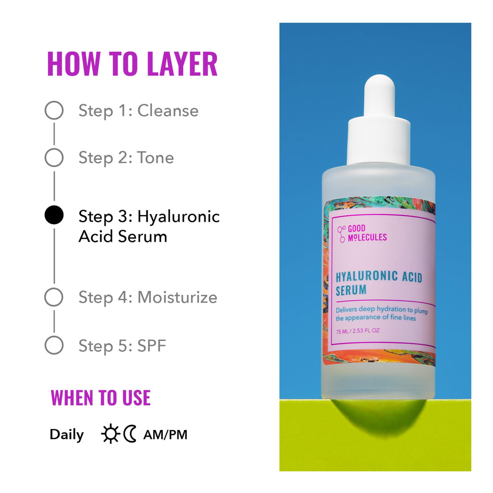 Good Molecules Hyaluronic Acid Serum texture swirl captures light, non-greasy feel designed for layering.
