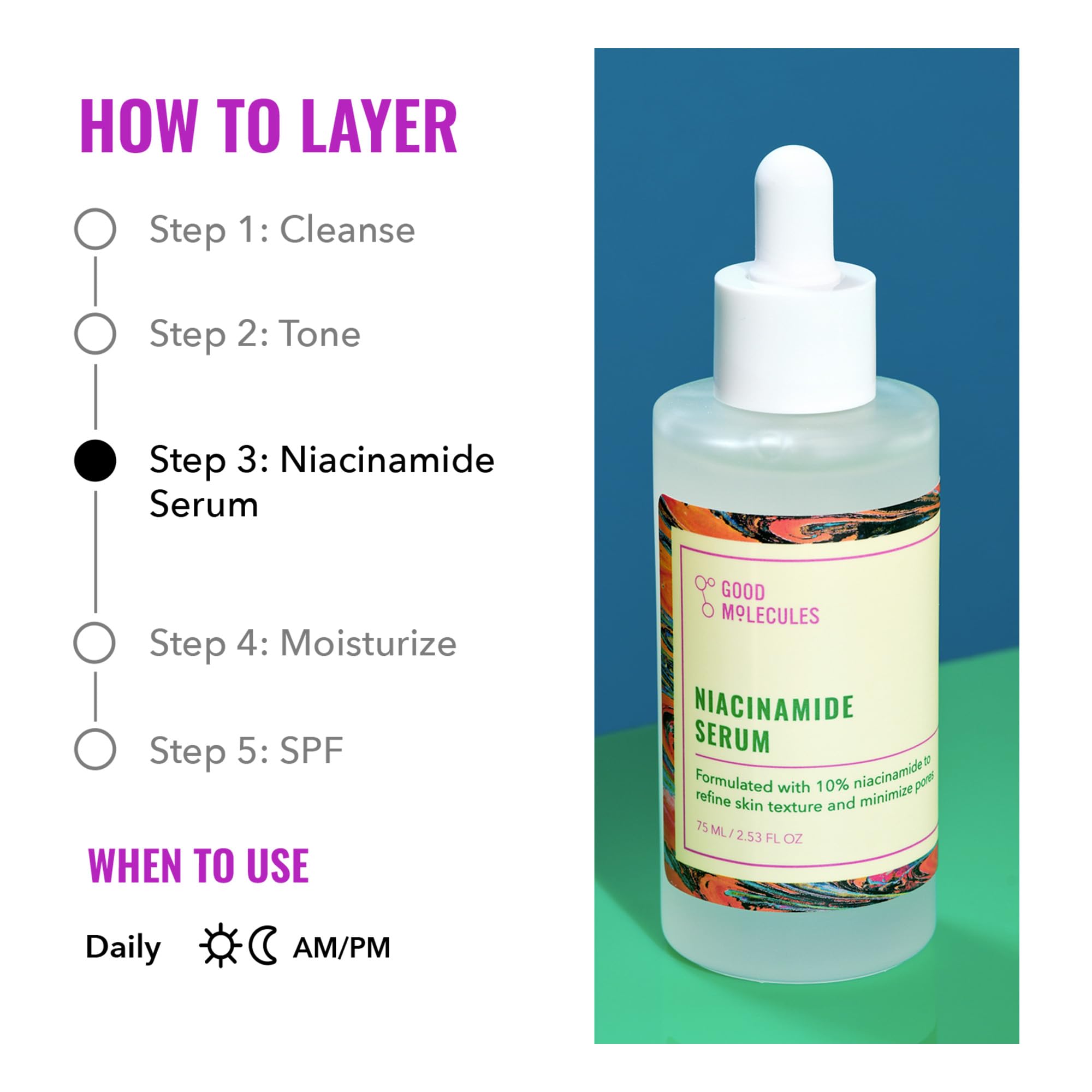 Good Molecules Niacinamide Serum on skin targets brightness and even texture.