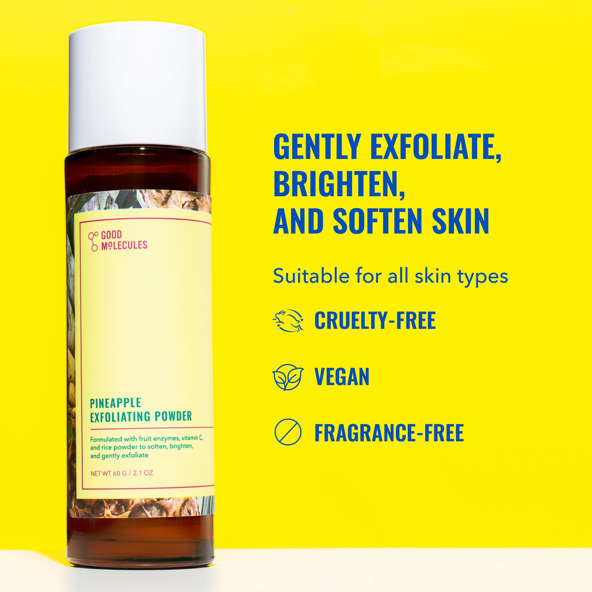 Good Molecules Pineapple Exfoliating Powder dispenser demonstrates controlled exfoliation texture.