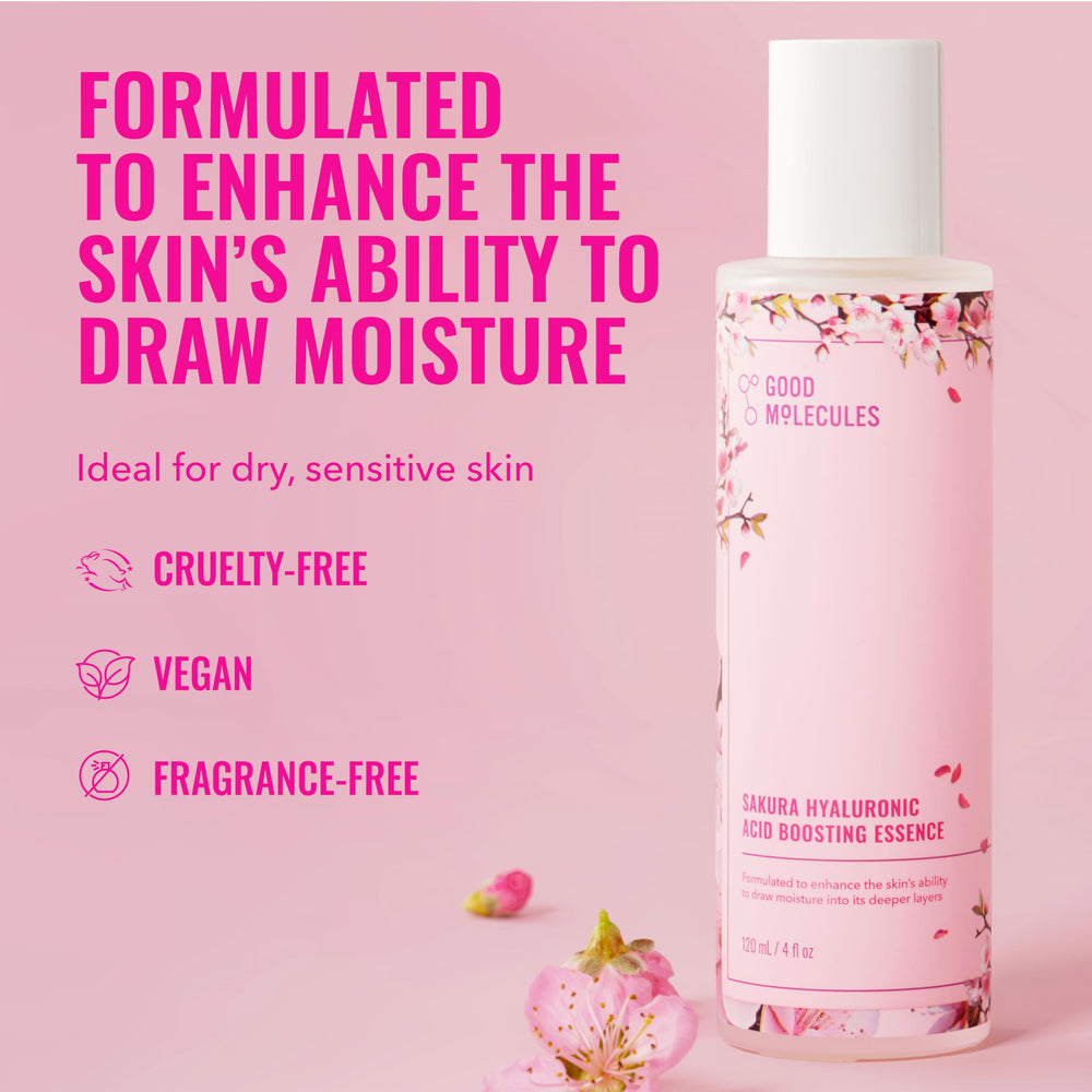Good Molecules Sakura Hyaluronic Acid Boosting Essence dropper for quick absorption hydration.