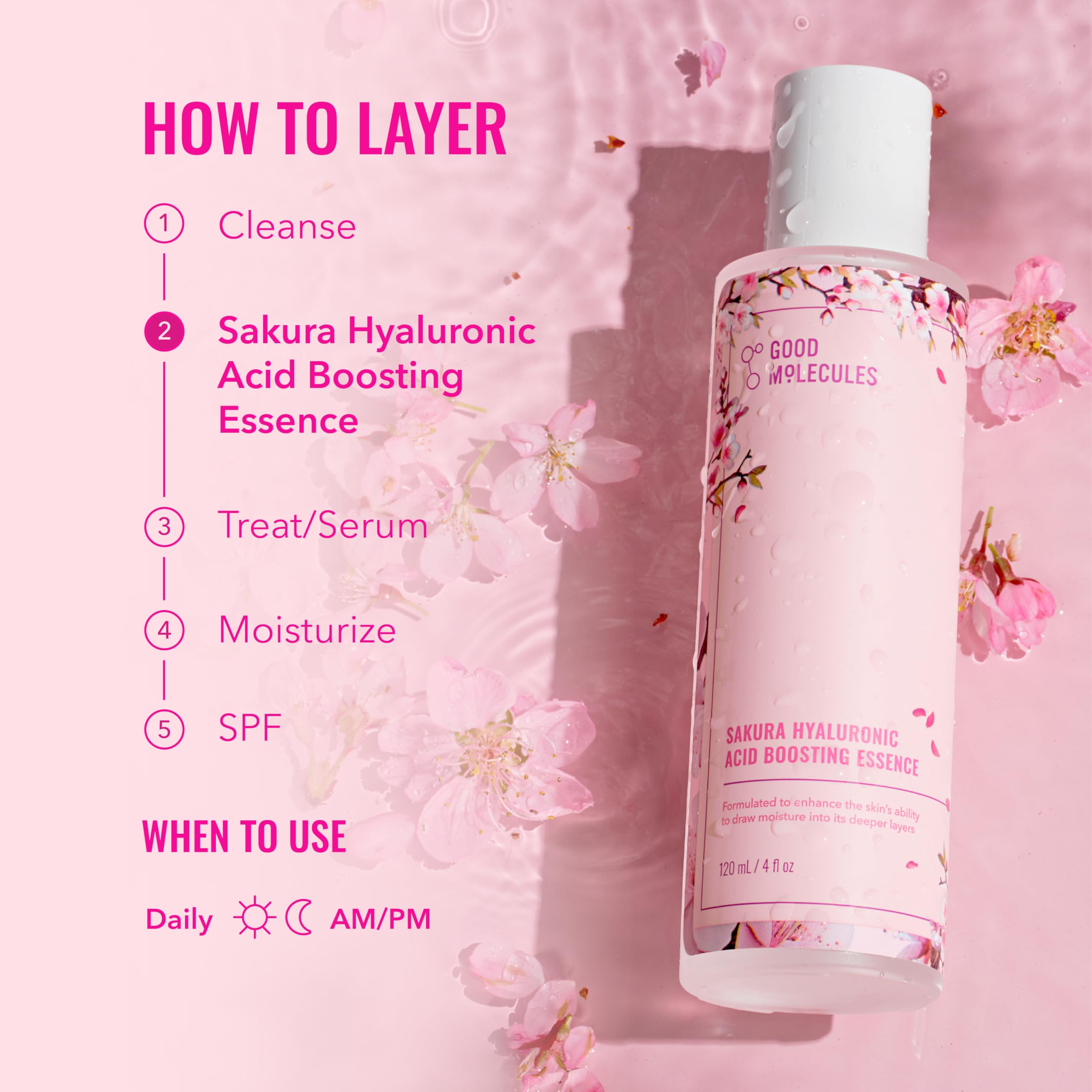 Good Molecules Sakura Hyaluronic Acid Boosting Essence ingredients list featuring Sakura and Sake Lees.