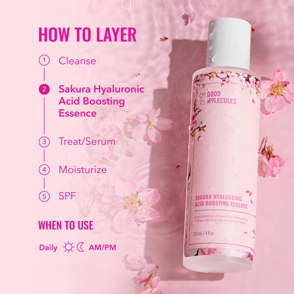 Good Molecules Sakura Hyaluronic Acid Boosting Essence ingredients list featuring Sakura and Sake Lees.