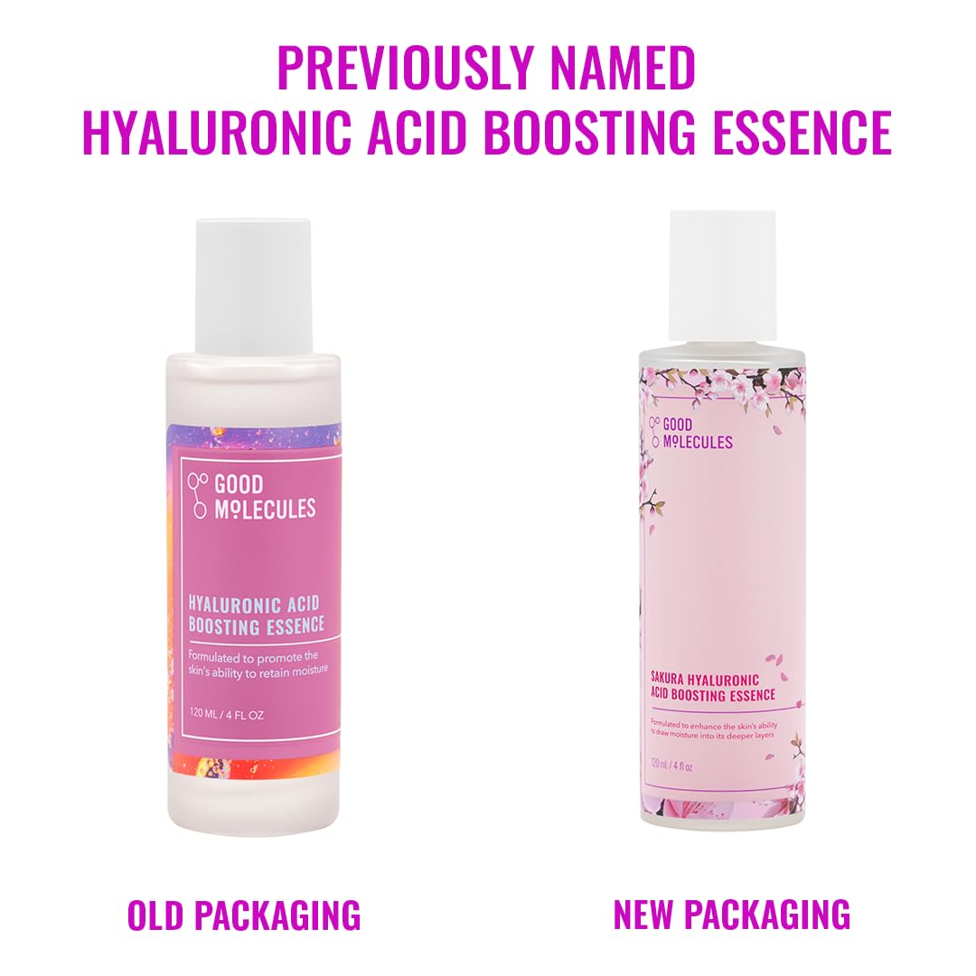 Good Molecules Sakura Hyaluronic Acid Boosting Essence packaging highlights fragrance-free vegan formula.