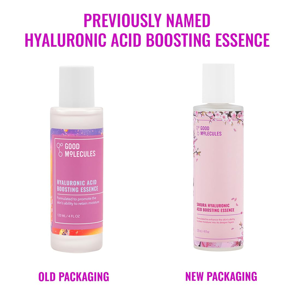 Good Molecules Sakura Hyaluronic Acid Boosting Essence packaging highlights fragrance-free vegan formula.