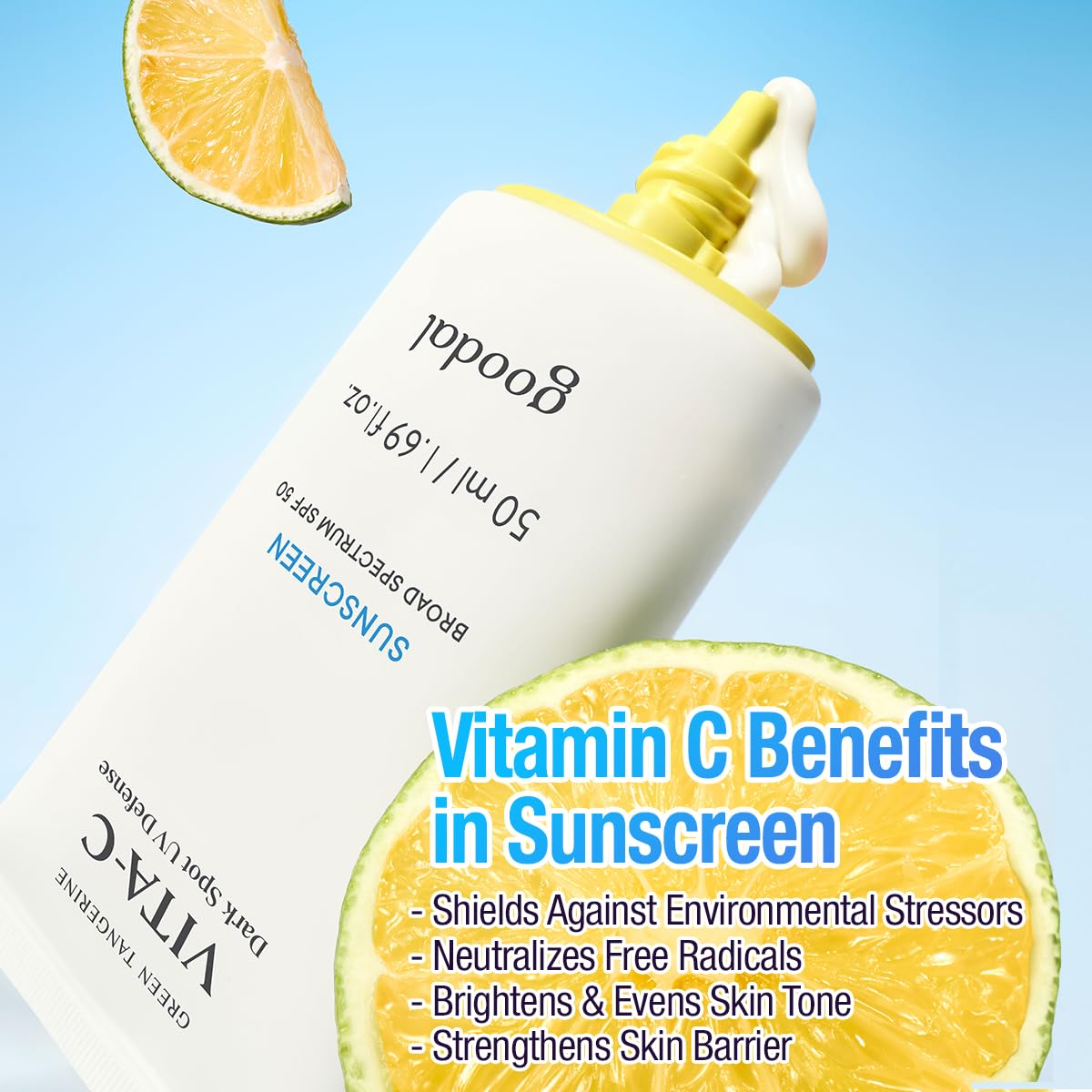 GOODAL sunscreen applied on cheek demonstrates lightweight, non-greasy wear.